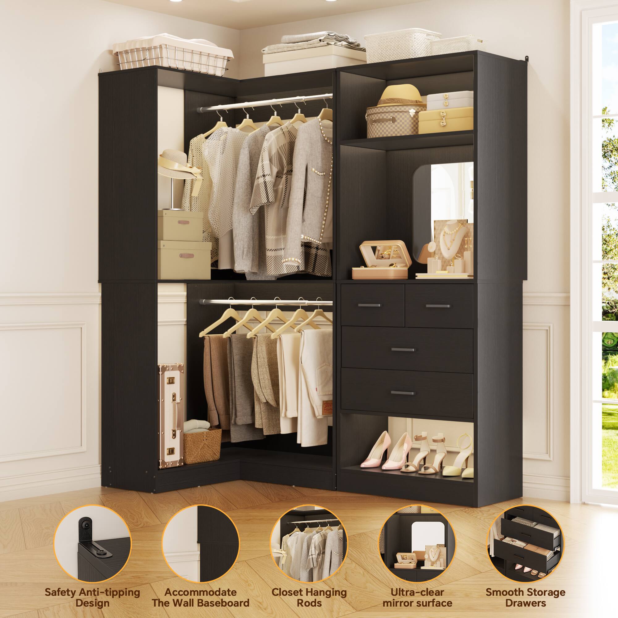 - Safety Anti-tipping Design
- Accommodate The Wall Baseboard
- Closet Hanging Rods
- Ultra-clear mirror surface
- Smooth Storage Drawers