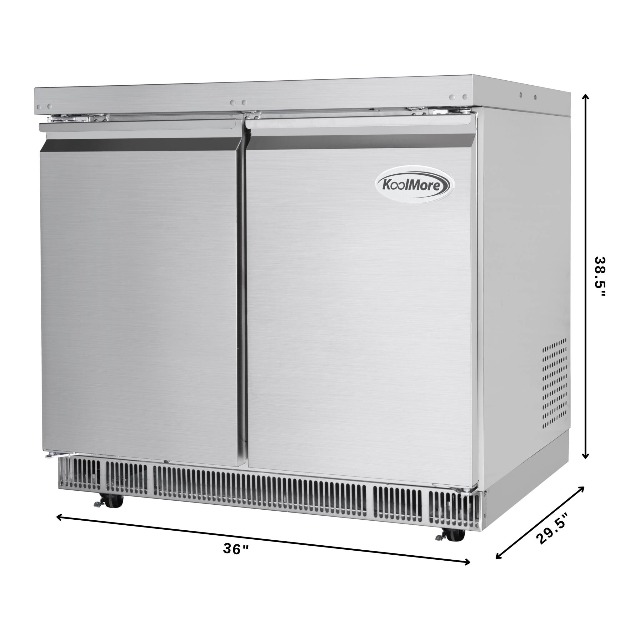 Koldmore is the brand of the freezer shown in the image. The freezer is 38.5 inches tall, 36 inches wide, and 29.5 inches deep.