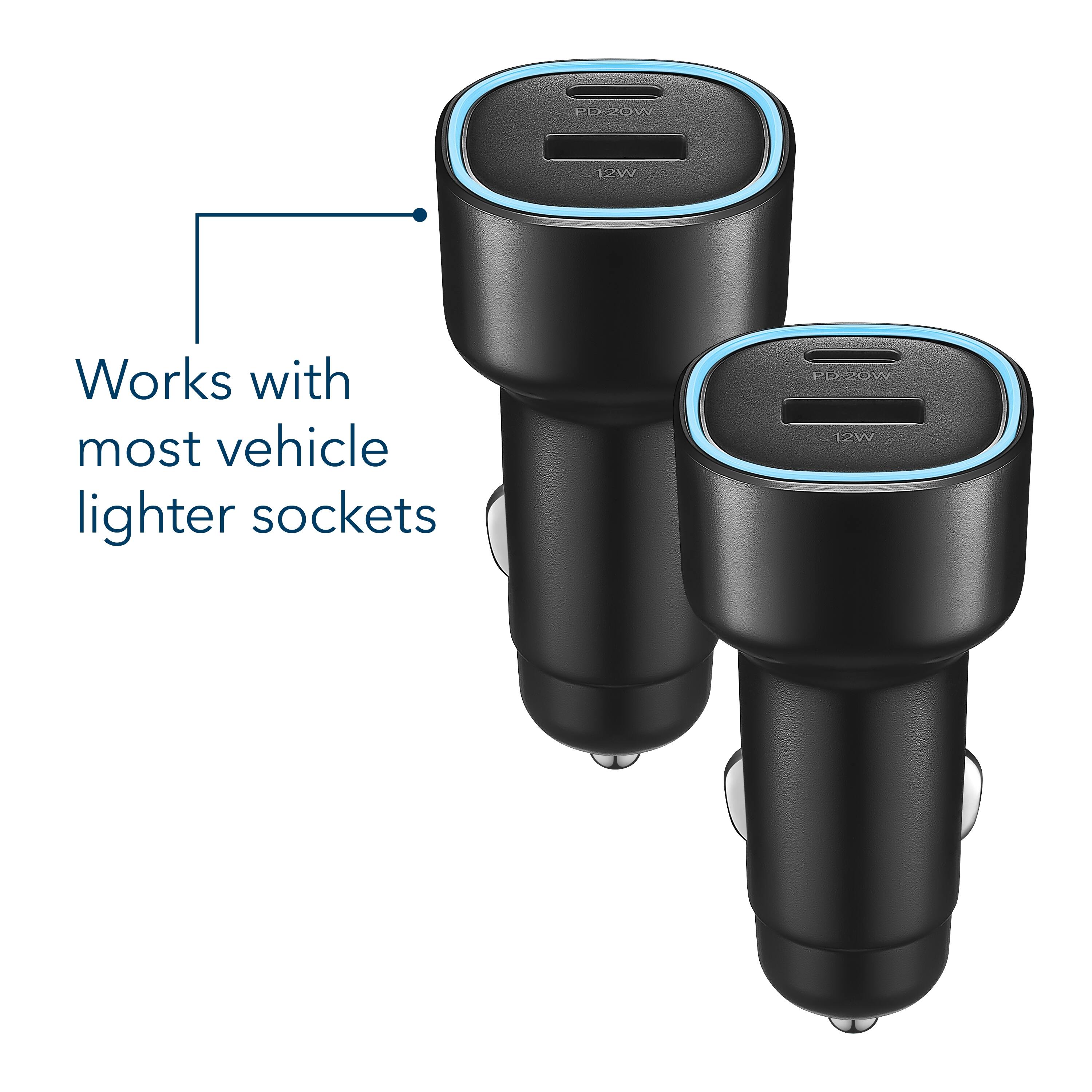 The text on the image reads: "Works with most vehicle lighter sockets."