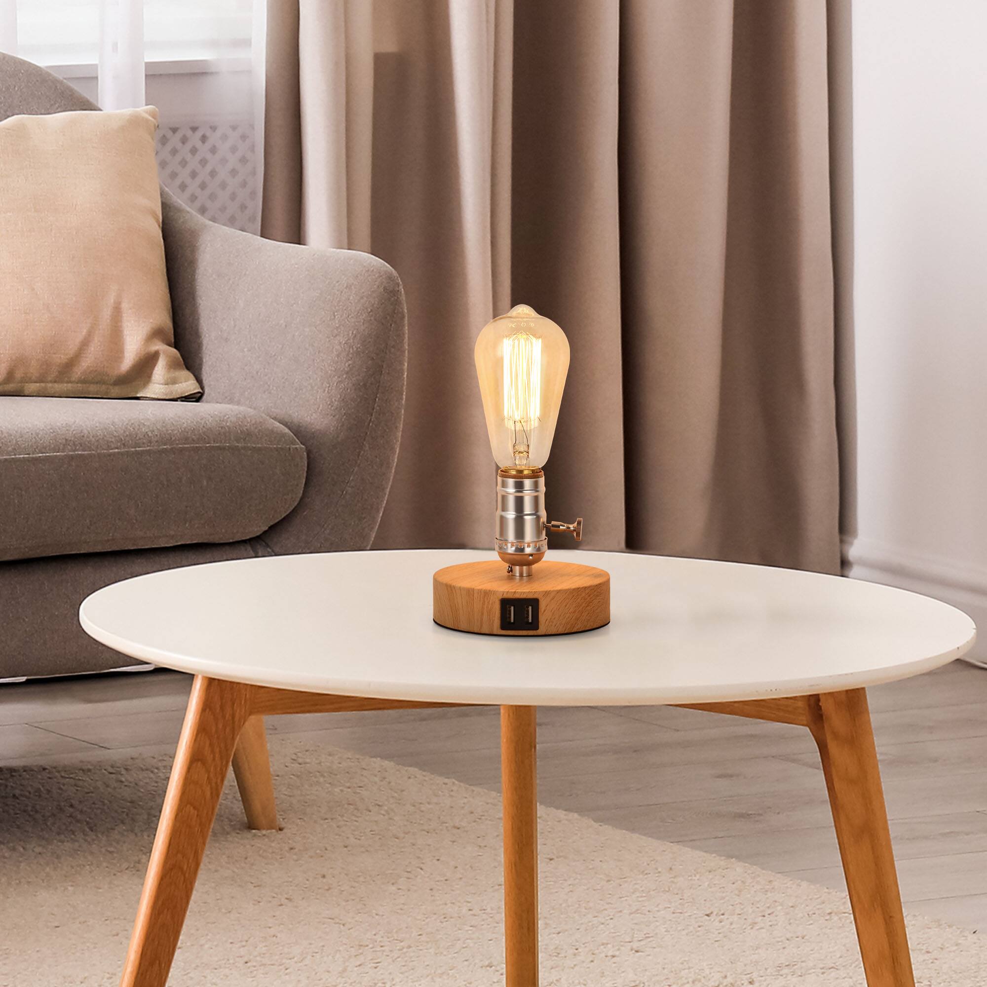 Back. Oumilen - Set of 2 Vintage Edison Table Lamps with USB Ports – Minimalist Wood Base Desk Lamps.