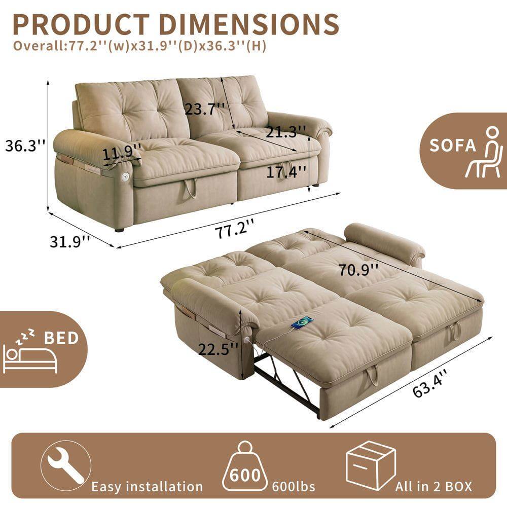 **PRODUCT DIMENSIONS**

Overall: 77.2" (w) x 31.9" (D) x 36.3" (H)

- Sofa:
  - Width: 77.2"
  - Depth: 31.9"
  - Height: 36.3"
  - Armrest Height: 23.7"
  - Seat Height: 17.4"
  - Seat Depth: 21.3"
  - Back Height: 21.3"
  - Armrest Width: 11.9"

- Bed:
  - Width: 63.4"
  - Depth: 70.9"
  - Height: 22.5"

**Features:**
- Easy installation
- 600 lbs weight capacity
- All in 2 BOX