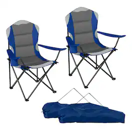 Gymax - 2 Pieces Folding Camping Chairs w/ Cup Holders & Carrying Bags Padded Seat Navy Gray - Blue
