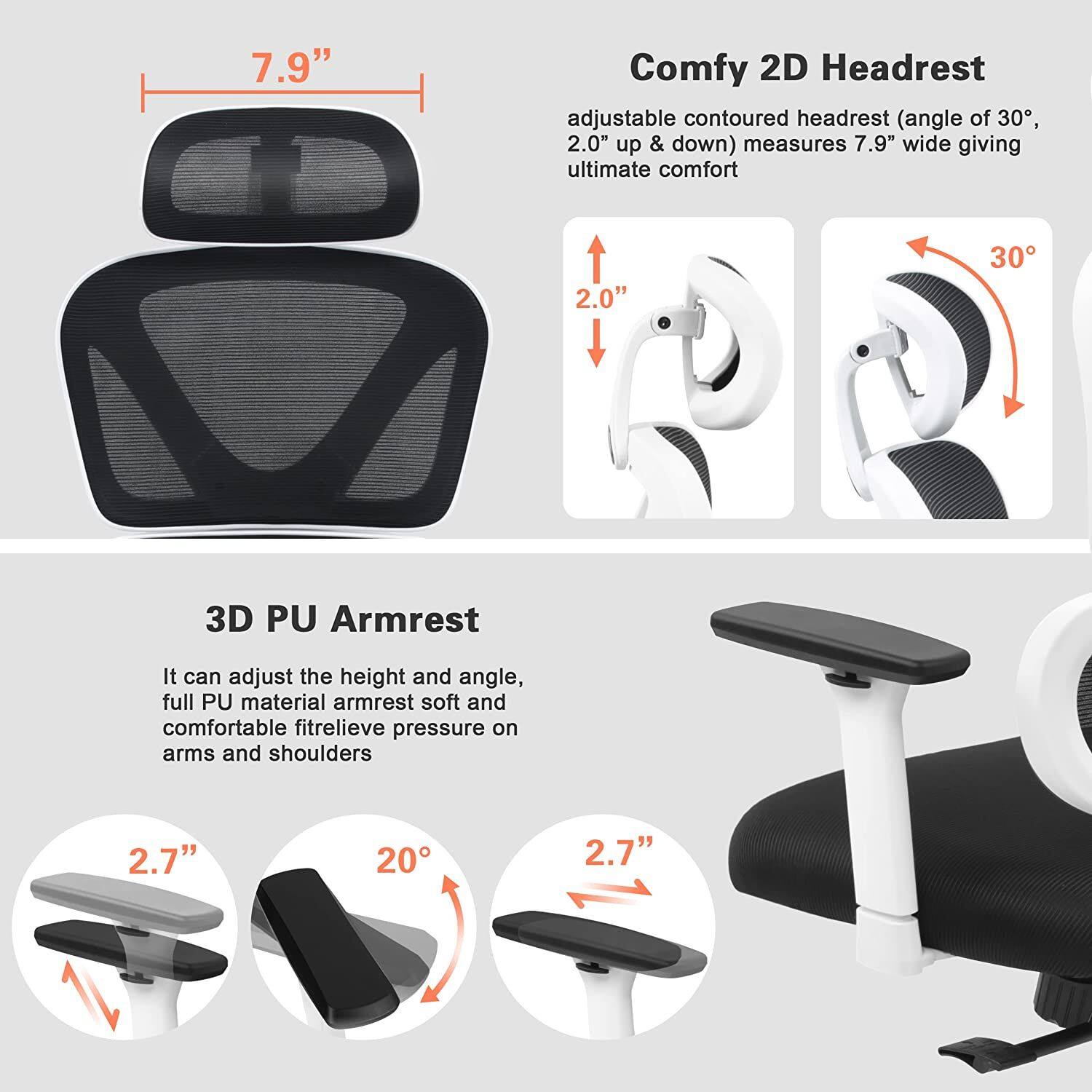 7.9" Comfy 2D Headrest  
adjustable contoured headrest (angle of 30°, 2.0" up & down) measures 7.9" wide giving ultimate comfort  

3D PU Armrest  
It can adjust the height and angle, full PU material armrest soft and comfortable fitrelieve pressure on arms and shoulders  

2.7"  
20°  
2.7"