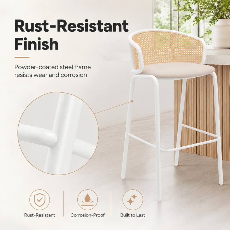 LeisureMod Ervilla Mid Century Modern Wicker Bar Stool, Fabric Seat ...