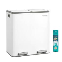 Songmics Home - Trash Can, 2 x 8 Gallon (2 x 30 L) Double Compartment Garbage Can for Recycling, Stainless Steel, with 15 Liner Bags - White