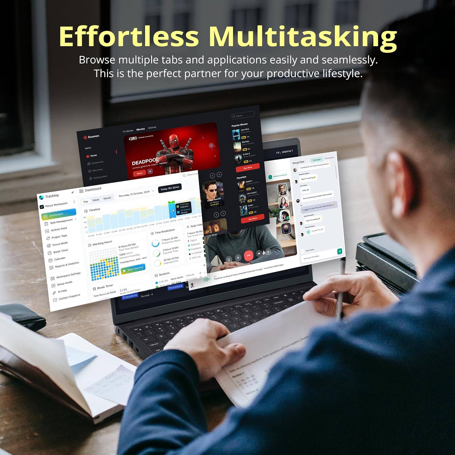 Effortless Multitasking  
Browse multiple tabs and applications easily and seamlessly.  
This is the perfect partner for your productive lifestyle.

Sorth  
Movies Animes n Seriel Examon 900 - MADE Community DEADPOOL Deciony Search  
Dashboard Today ity 25min 31-Octaber, XIN Tracklog subect Bunder Day Week Parce Ribricipade Timeine Cashboard Tim Matagement other any ehe - 5 DETAI 2019 Appe Activis Food 20.7K  
your ON 2000 The Breakdown News Project Tags  
THEWS  
Hours Alum signst Forus Mode Working  
Mx SHOWS Soy the Calebook Sout Timer sor 29000 See 20% ever Fatural Calender - av Analytics impolite Suports Seart Tracking Worlspace Settings Sessions servin Guide Best Times Procedure 0 2/25 AMB Centact Subme Procedure B  
9  
Poquier Movies Favories 1 o U :  

14 Lancok, Goup De