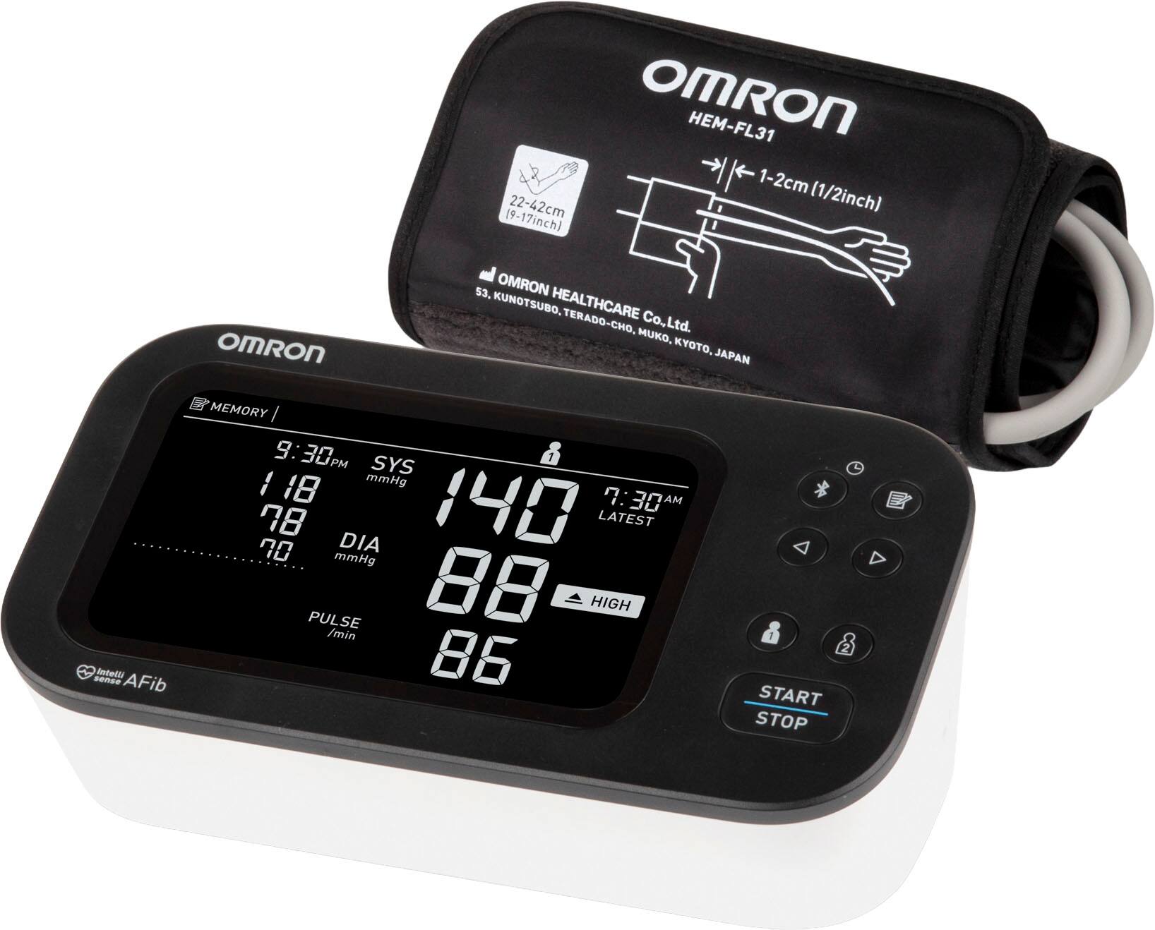OMRON HEM-FL31 1-2cm 22-42cm (1/2inch) (9-17inch) OmRON 3. OMRON KUNOTSUBO, HEALTHCARE TERADO-CHO. Co.,Ltd. MUKO, KYOTO, JAPAN Intelli sense AFib MEMORY I 9:30P 9:30 AM SYS I 18 mmHg 140 7:30 U AM 78 LATEST 70 DIA mmHg PULSE 88 HIGH /min 86 START STOP