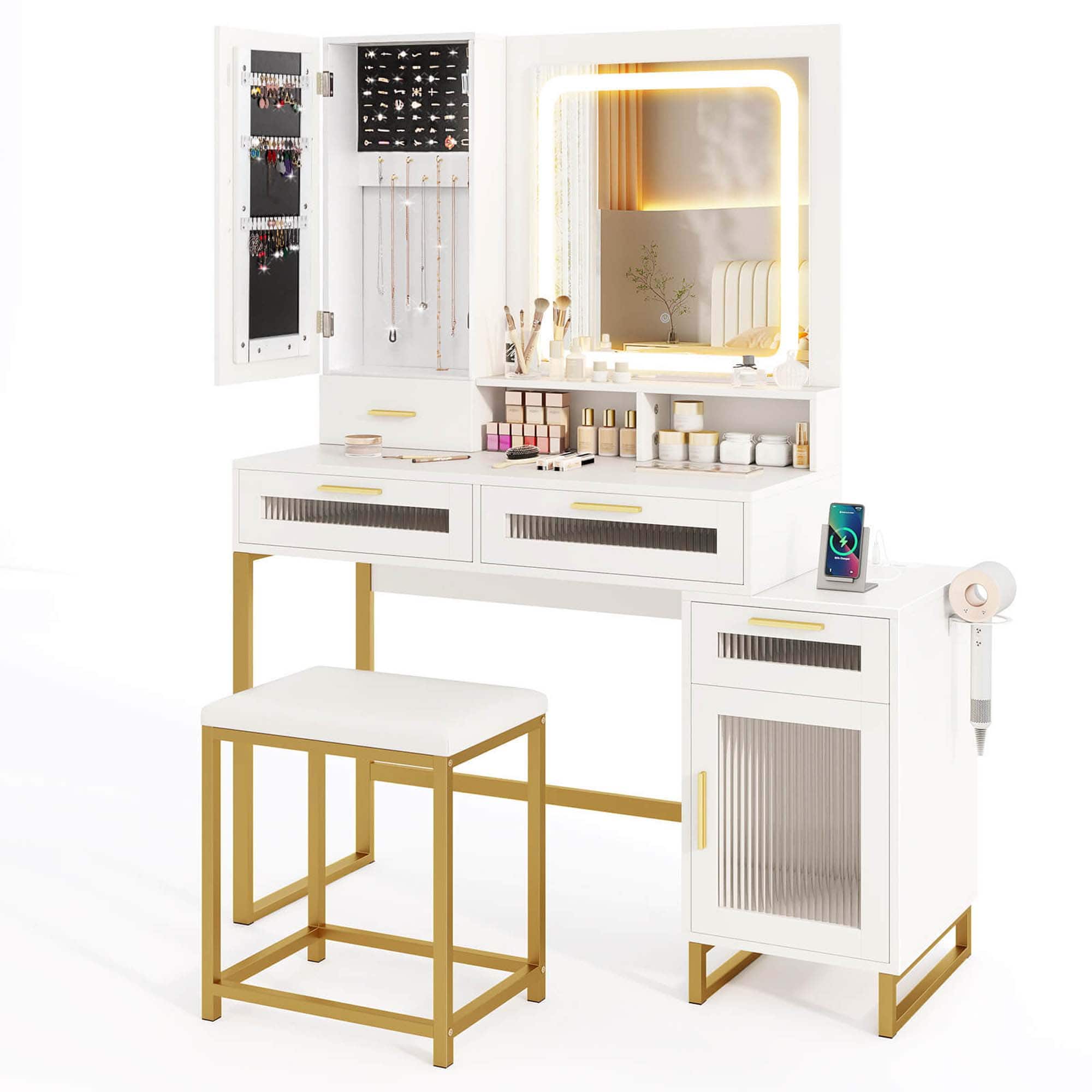 Front. Costway - Costway Modern Vanity Set with Mirror and Lights 3 Lighting Modes & Adjustable Brightness - White.