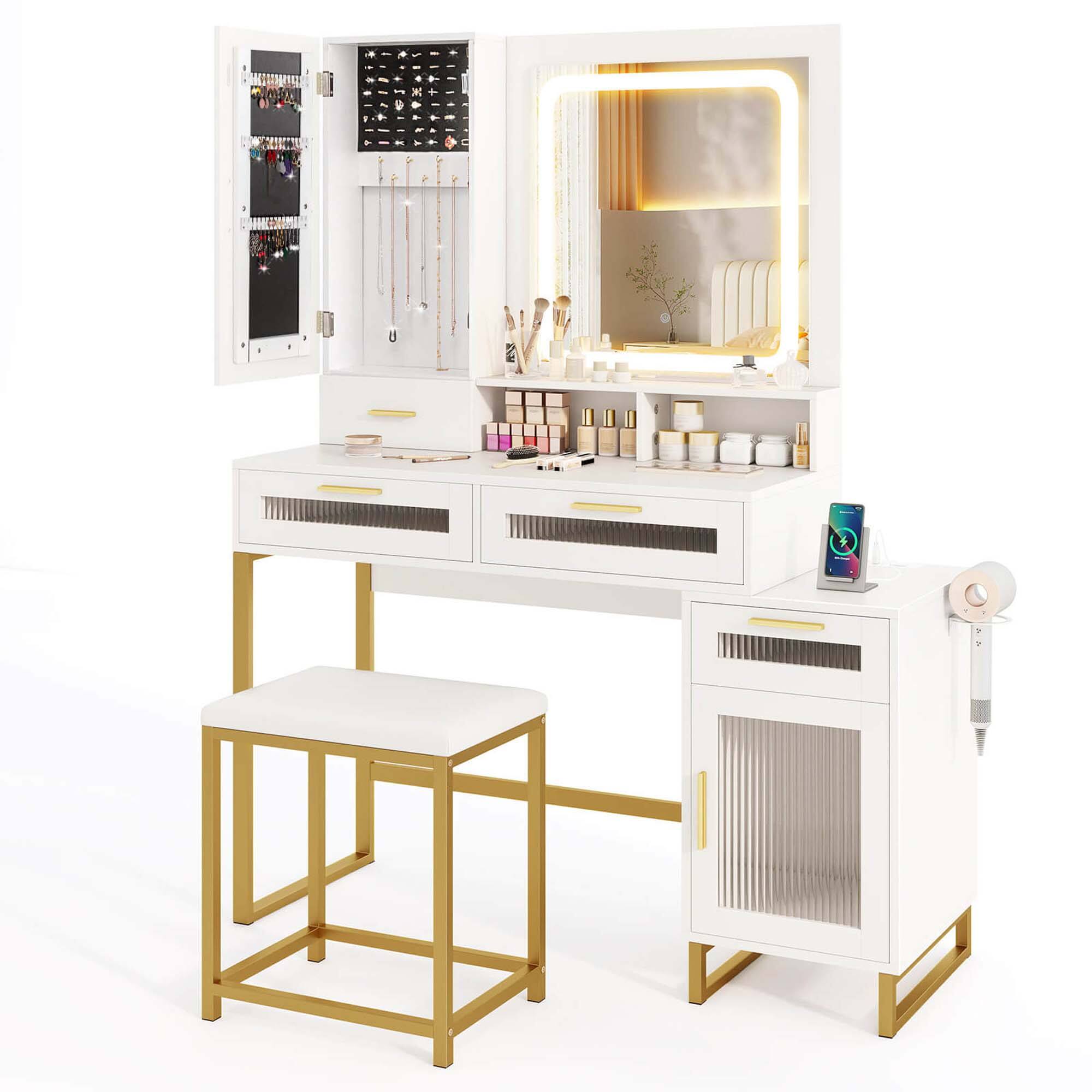 Front. Costway - Costway Modern Vanity Set with Mirror and Lights 3 Lighting Modes & Adjustable Brightness - White.