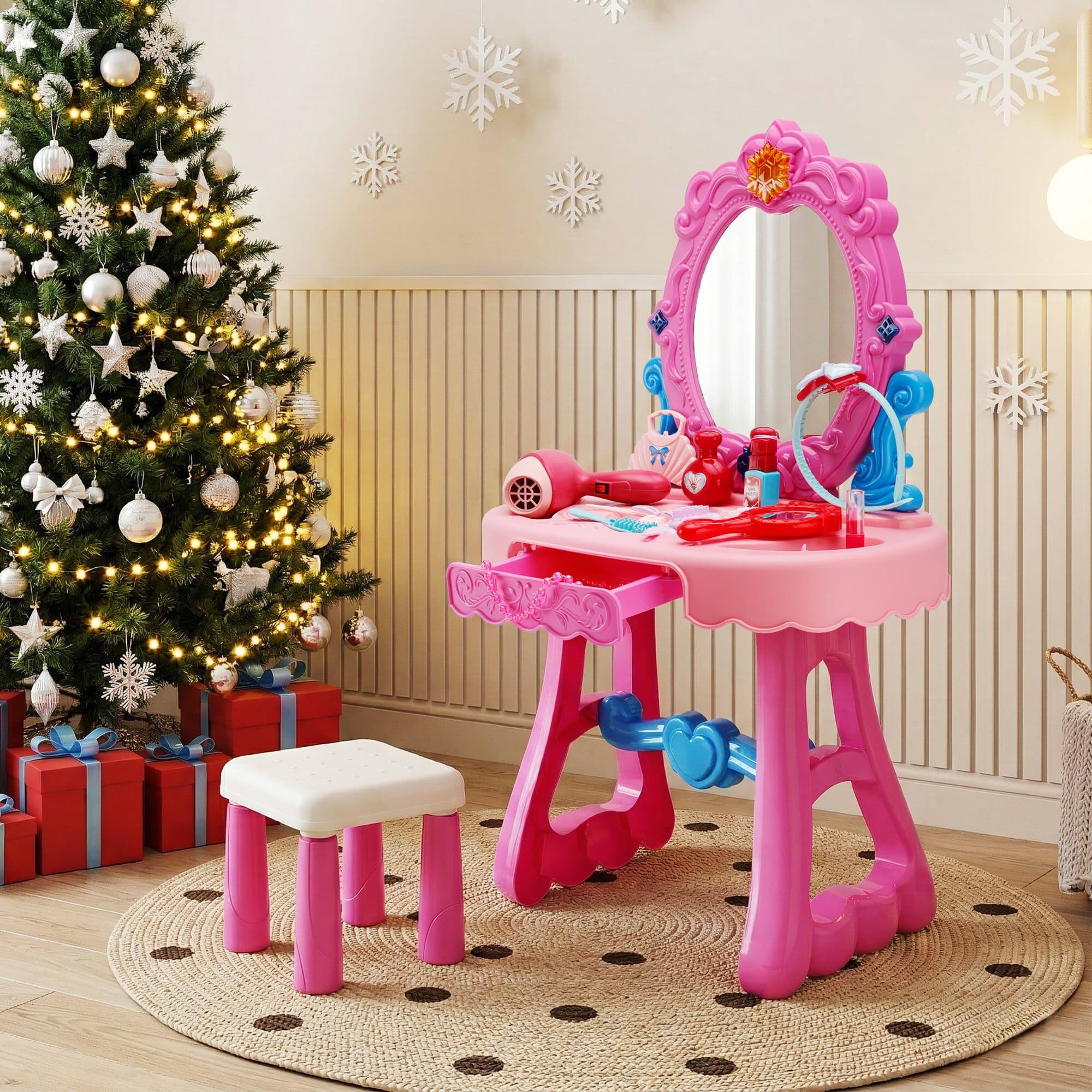 Alt View 4. Topteng - Kids Vanity Set with Lights & Music, 29PCS Accessories - Includes Mirror, Stool, Hair Dryer, Safe for Girls.