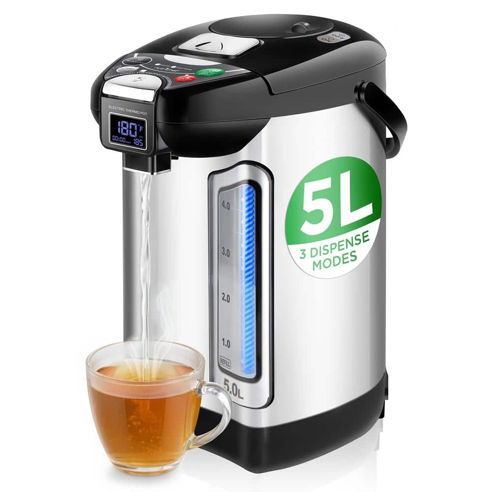 NutriChef - Digital Water Boiler and Warmer - 5L/5.28 Qt Stainless Electric Hot Water Dispenser w/LCD Display - Silver