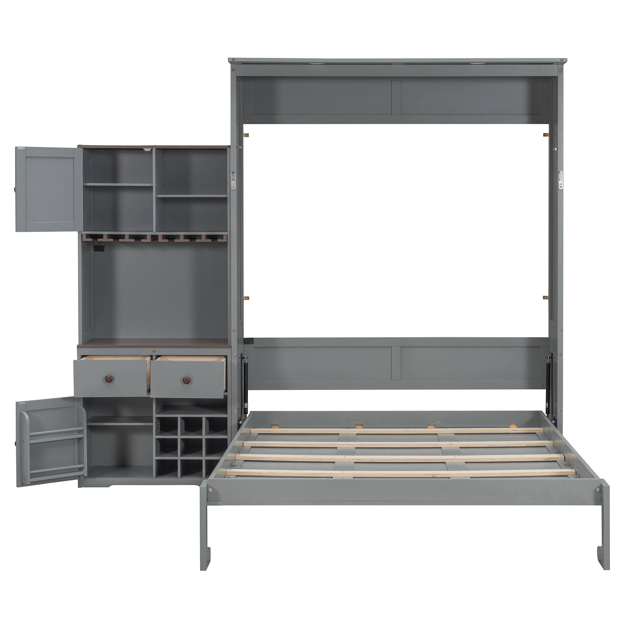 Back. Anysun - Queen Size Murphy Bed with Storage Cabinet, Wine Rack, Glass Holder, Drawers and Multi-Color LED Strip - Gray.