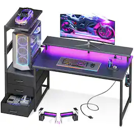 AODK - Reversible Gaming Desk with LED Lights,Charging Station,Fabric Drawers, Monitor Stand and Side Hook - Black