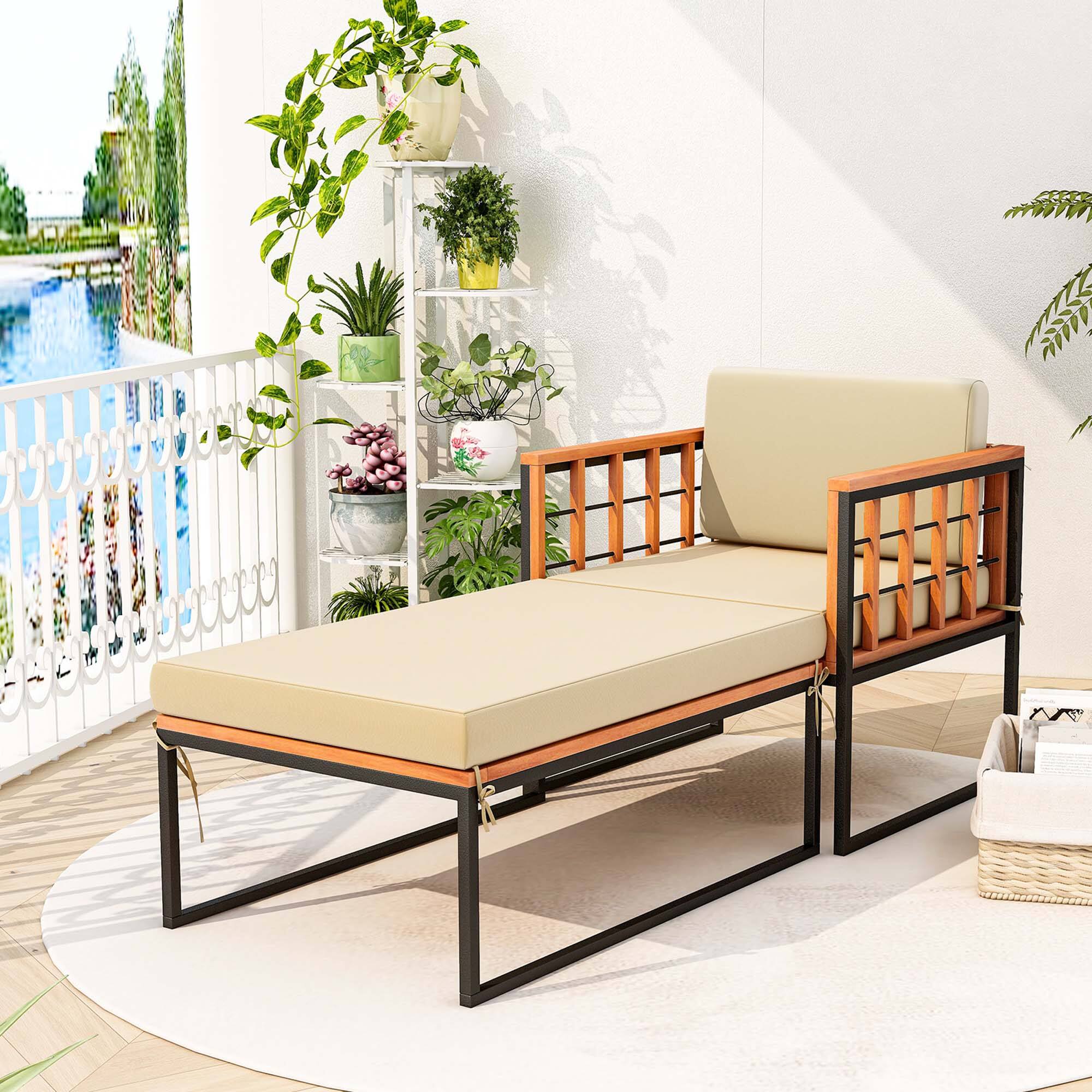 Left. Costway - 1 PCS Outdoor Furniture Set Patio Acacia Wood Armchair with Long Ottoman Cozy Seat - Beige.