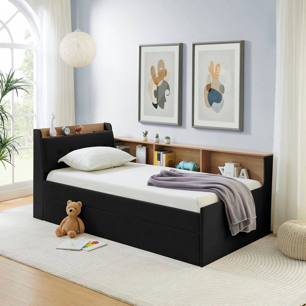 Front. Kadyn - Twin Size Upholstered Velvet Height Adjustable Daybed with Storage Headboard, Wireless Charging, Trundle & LED Lights - Black.