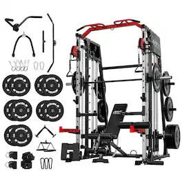 Mikolo - Smith Machine, 2200lbs Power Rack Cage with with Cable Crossover, Total Body Strength Training Cage - Red