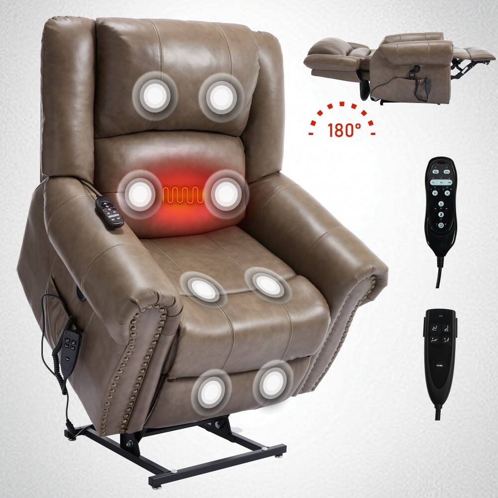 Alt View 8. Ropilly - Ropilly Brown Leather Power Recliner, Dual Motor Lift Chair with Heat and Massage, 350 LBS Weight Capacity - Brown.