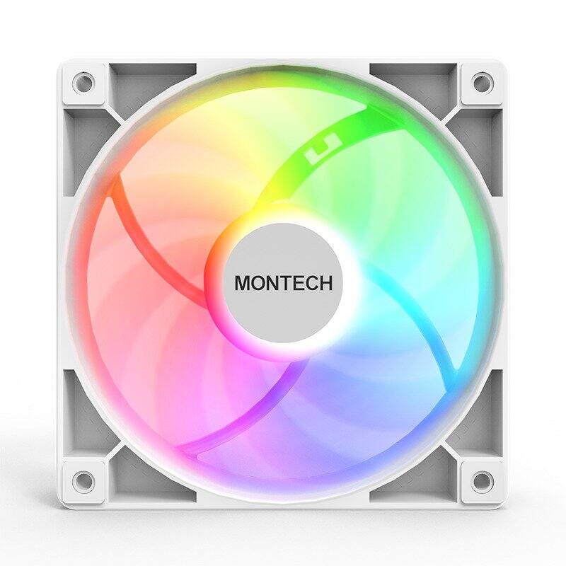 Left. Montech - GF120 ARGB PWM Hydraulic Bearing Fan 800-1600RPM, Low Noise 25.5dBA, High Airflow 66.3CFM, 4-Pin - 120mm - White.