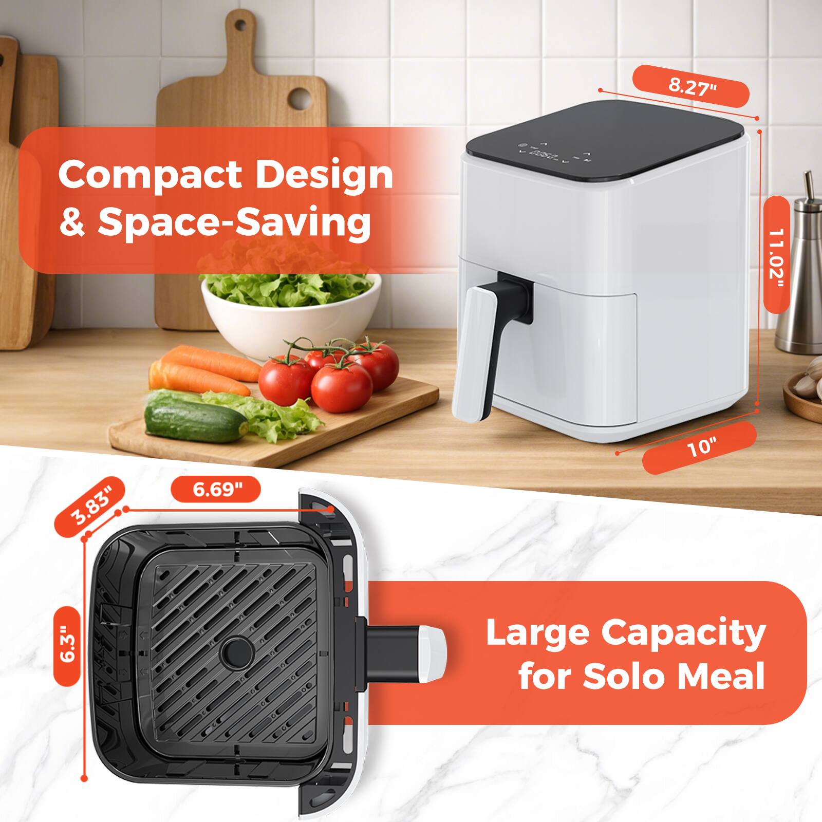 8.27"  
Compact Design & Space-Saving  
11.02"  
3.83"  
6.69"  
10"  
6.3"  
Large Capacity for Solo Meal