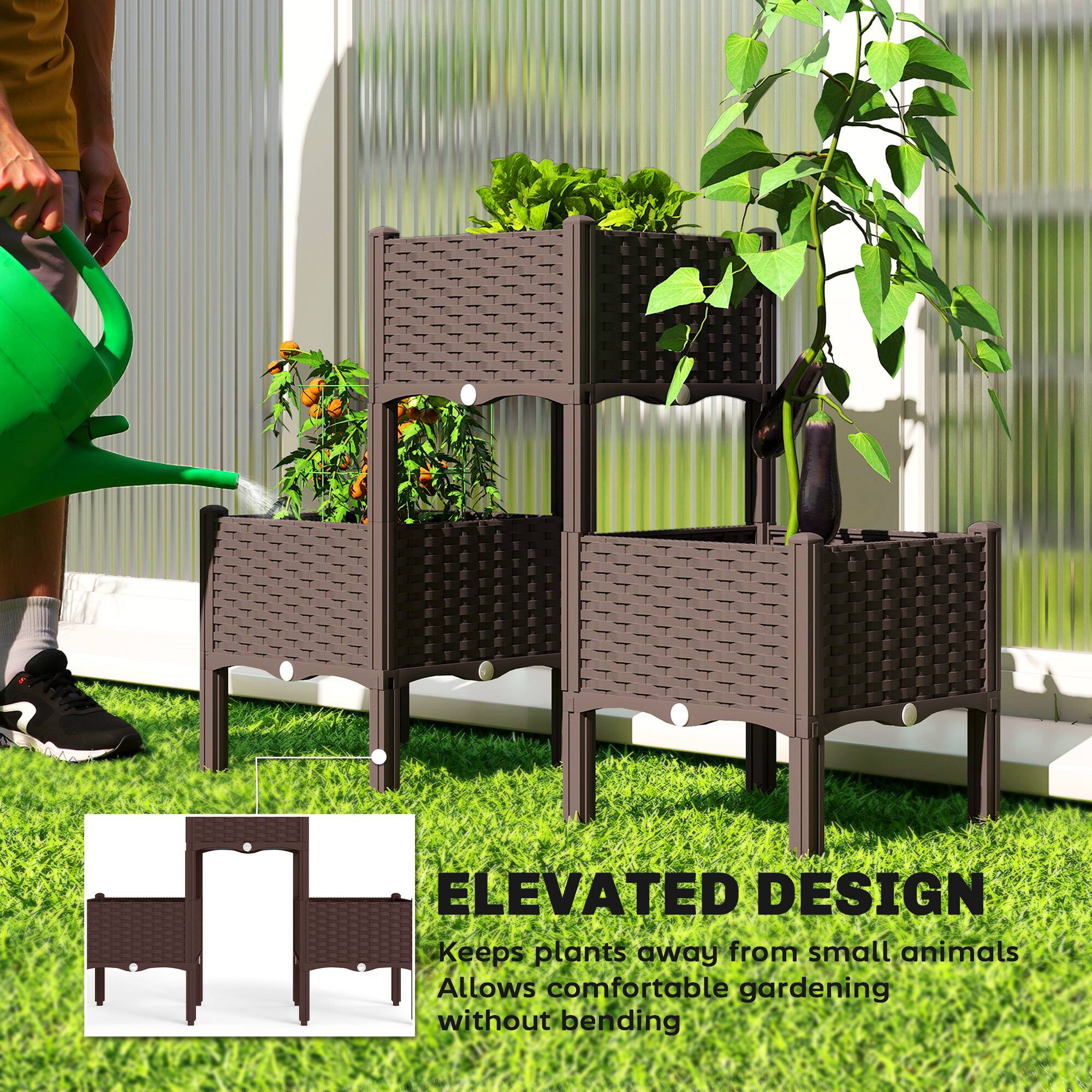 ELEVATED DESIGN  
Keeps plants away from small animals  
Allows comfortable gardening without bending