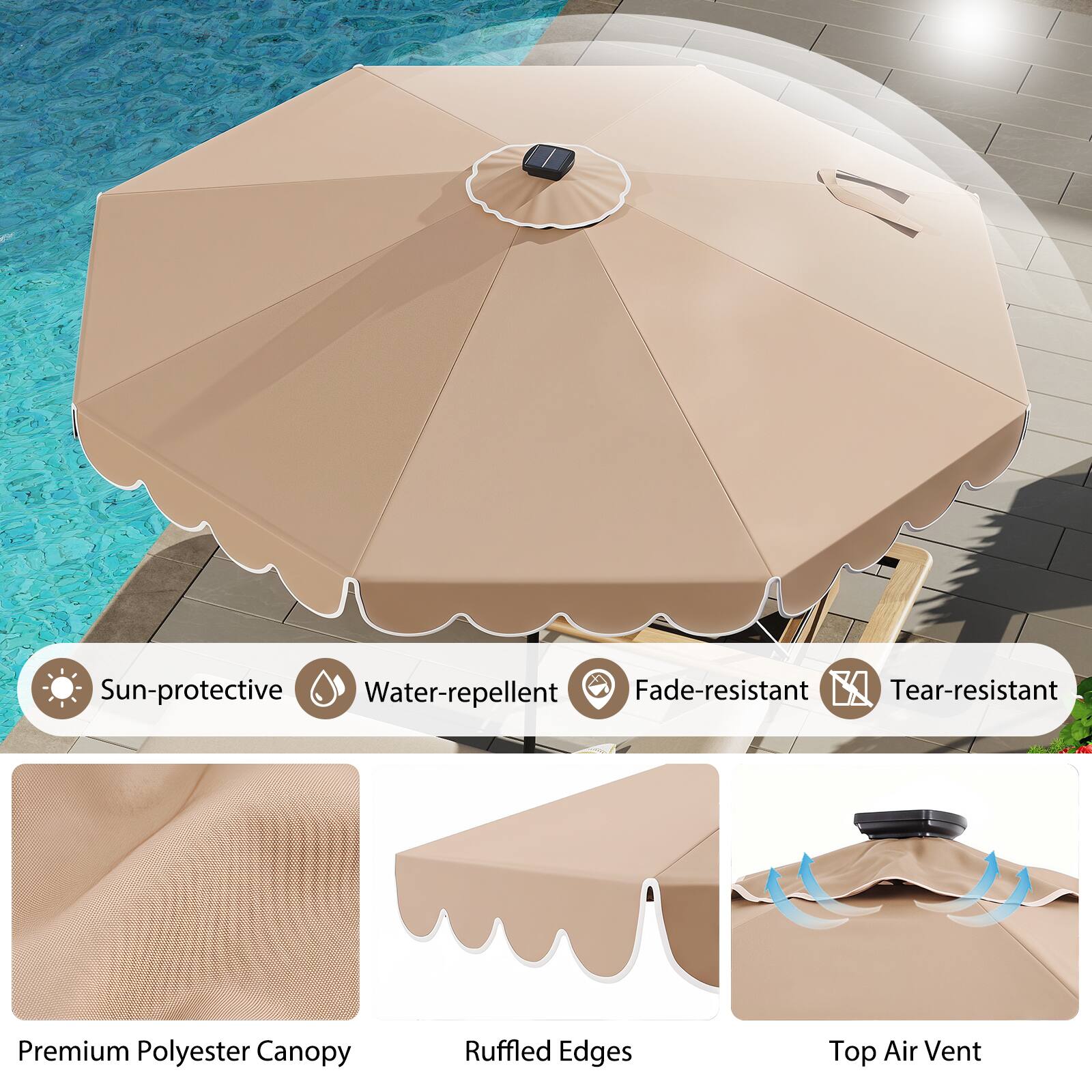 Sun-protective  
Water-repellent  
Fade-resistant  
Tear-resistant  

Premium Polyester Canopy  
Ruffled Edges  
Top Air Vent