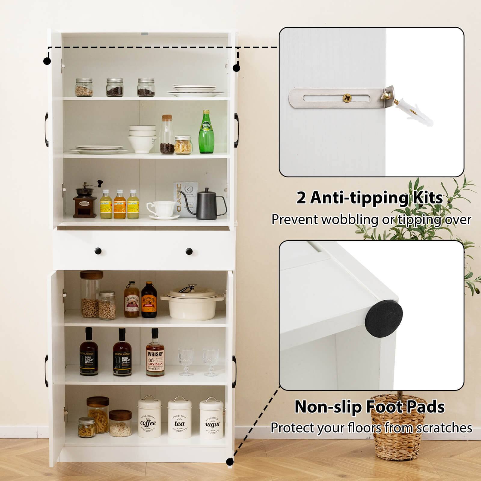 The text on the image is grouped and corrected as follows:

* 2 Anti-tipping Kits: Prevent wobbling or tipping over.
* Non-slip Foot Pads: Protect your floors from scratches.