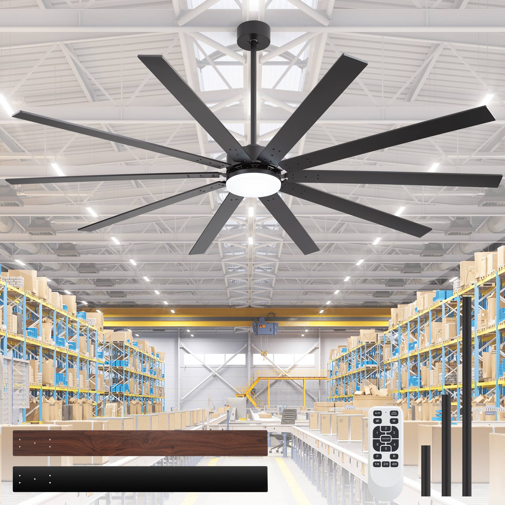 Angle. Breezary - 84-Inch LED Ceiling Fan with 10 Plywood Blades,8/12/24-Inch Downrods, 6-Speed Remote Control - matte black and walnut.