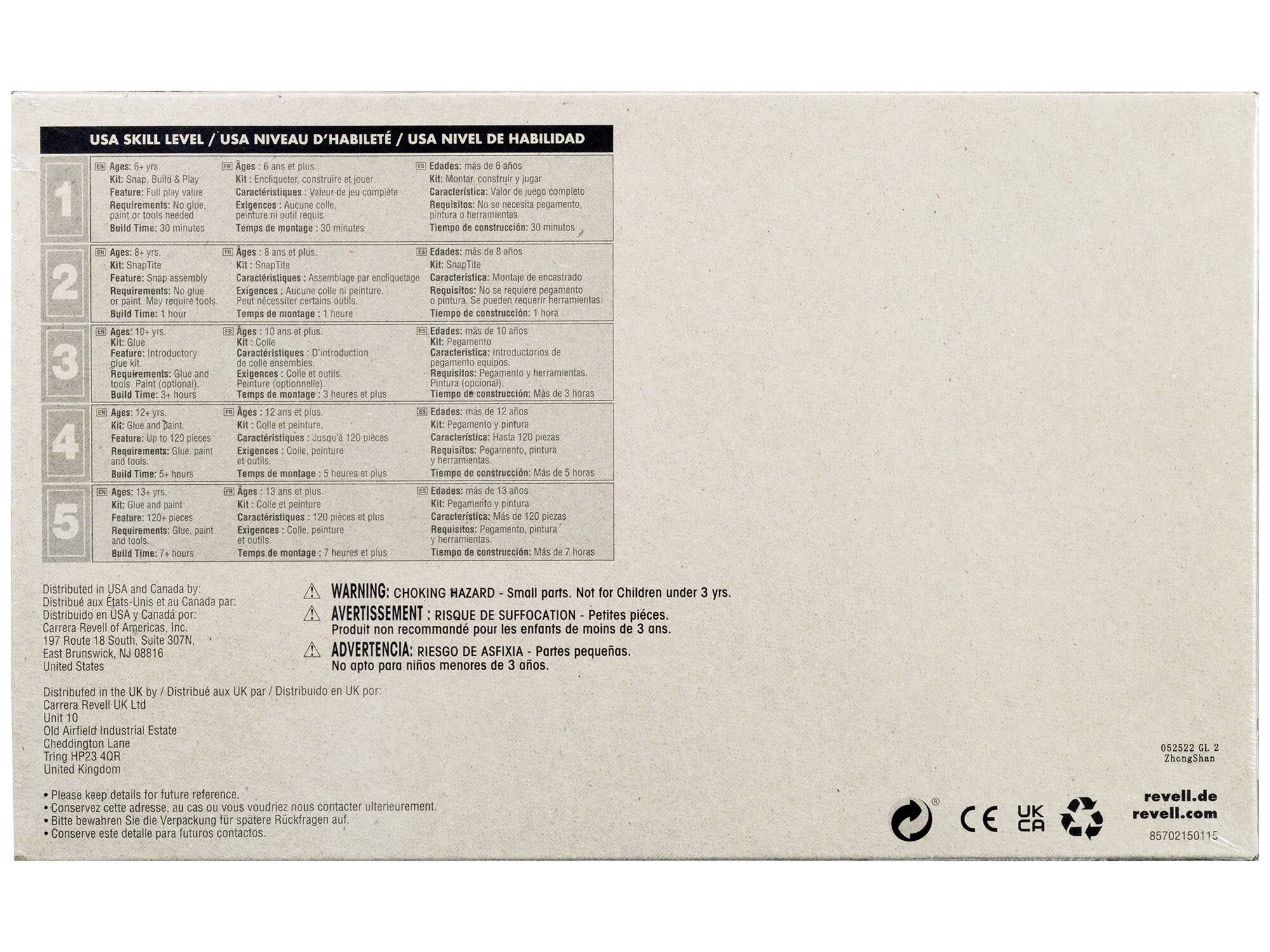 **USA SKILL LEVEL / USA NIVEAU D'ABILITÉ / USA NIVEL DE HABILIDAD**

1. **Ages: 6 - yrs**  
   Kit: SnapTite  
   Feature: Snap assembly  
   Requirements: No glue, paint or tools needed  
   Build Time: 30 minutes  
   Edades: más de 6 años  
   Kit: SnapTite  
   Características: Montaje encastrado  
   Requisitos: No se necesita pegamento, pintura ni herramientas  
   Tiempo de construcción: 30 minutos  
   Edades: 6 años y más  
   Kit: SnapTite  
   Características: Montaje encastrado  
   Requisitos: No se necesita pegamento, pintura ni herramientas  
   Tiempo de construcción: 30 minutos  

2. **Ages: 8 - yrs**  
   Kit: SnapTite  
   Feature: Snap assembly  
   Requirements: No glue, paint or tools needed  
   Build Time: 1 hour  
   Edades: más de 8 años  
   Kit: SnapTite  
   Características: Montaje enca