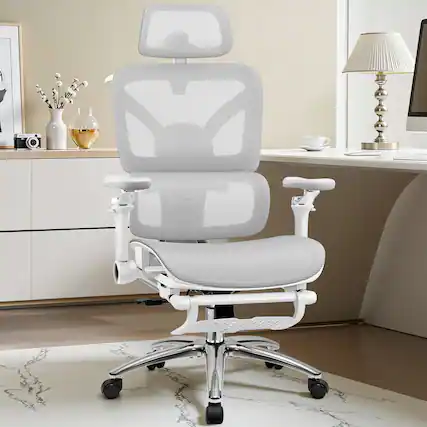 Front. Brick Attic - Breathable Ergonomic Office Chair with Adjustable Headrest & Lumbar Support, High-Back Mesh Desk Chair with 3D Armrests - Grey.