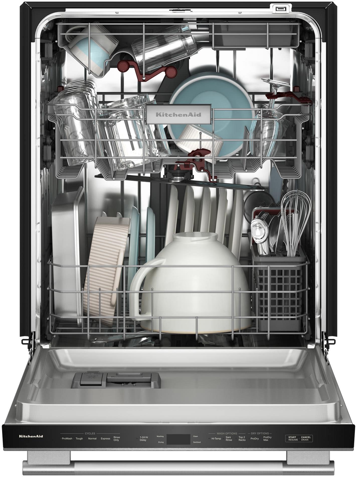 KitchenAid
CYCLES
- ProWash
- Tough
- Normal
- Express
- Rinse Only
WASH OPTIONS
- Hi-Temp
- Rinse
- 3-4hr Delay
- Sanitize
DRY OPTIONS
- ProDry
- Max Dry
START CANCEL RESUME DRAN