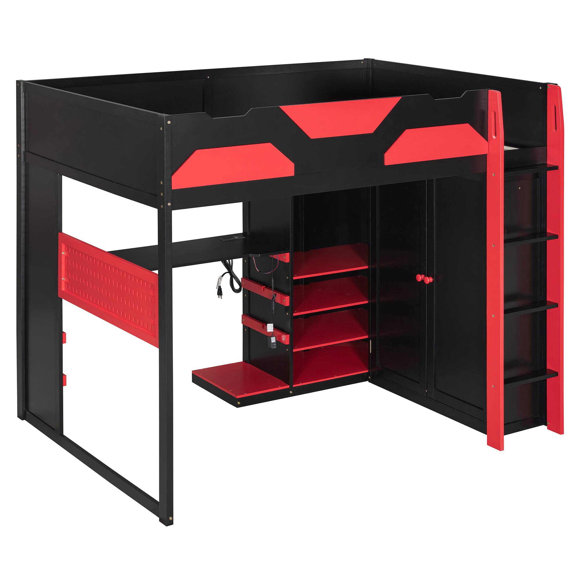 Back. Anysun - Full Size Wood Loft Bed with Desk, Multi-storage Shelves,USB and RGB Light - Red.