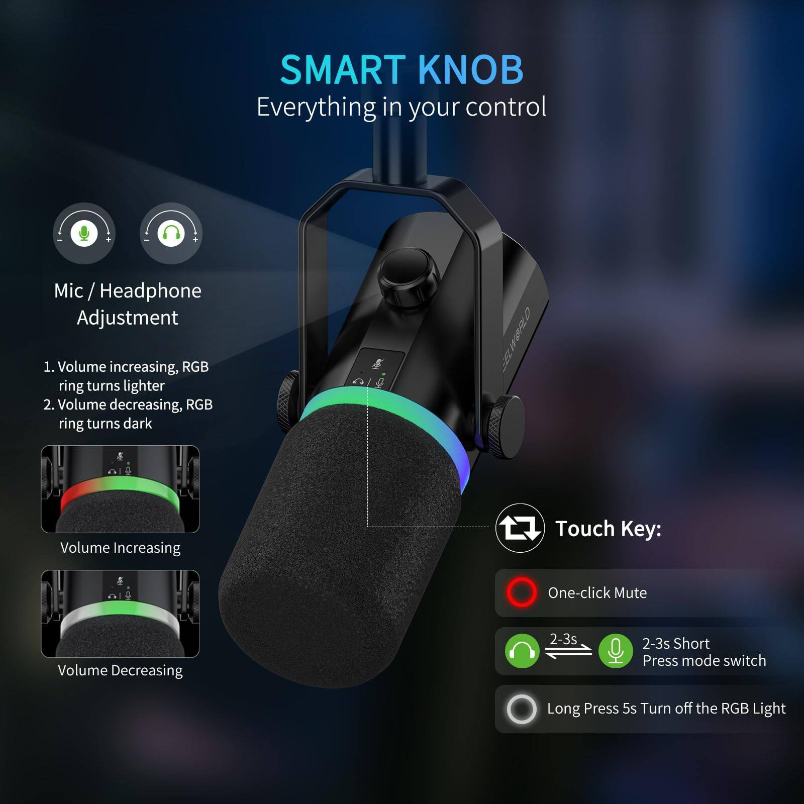 **SMART KNOB**  
Everything in your control

**Mic / Headphone Adjustment**  
1. Volume increasing, RGB ring turns lighter  
2. Volume decreasing, RGB ring turns dark  

**Touch Key:**  
- One-click Mute  
- 2-3s Short Press mode switch  
- Long Press 5s Turn off the RGB Light  

**Volume Increasing**  
**Volume Decreasing**