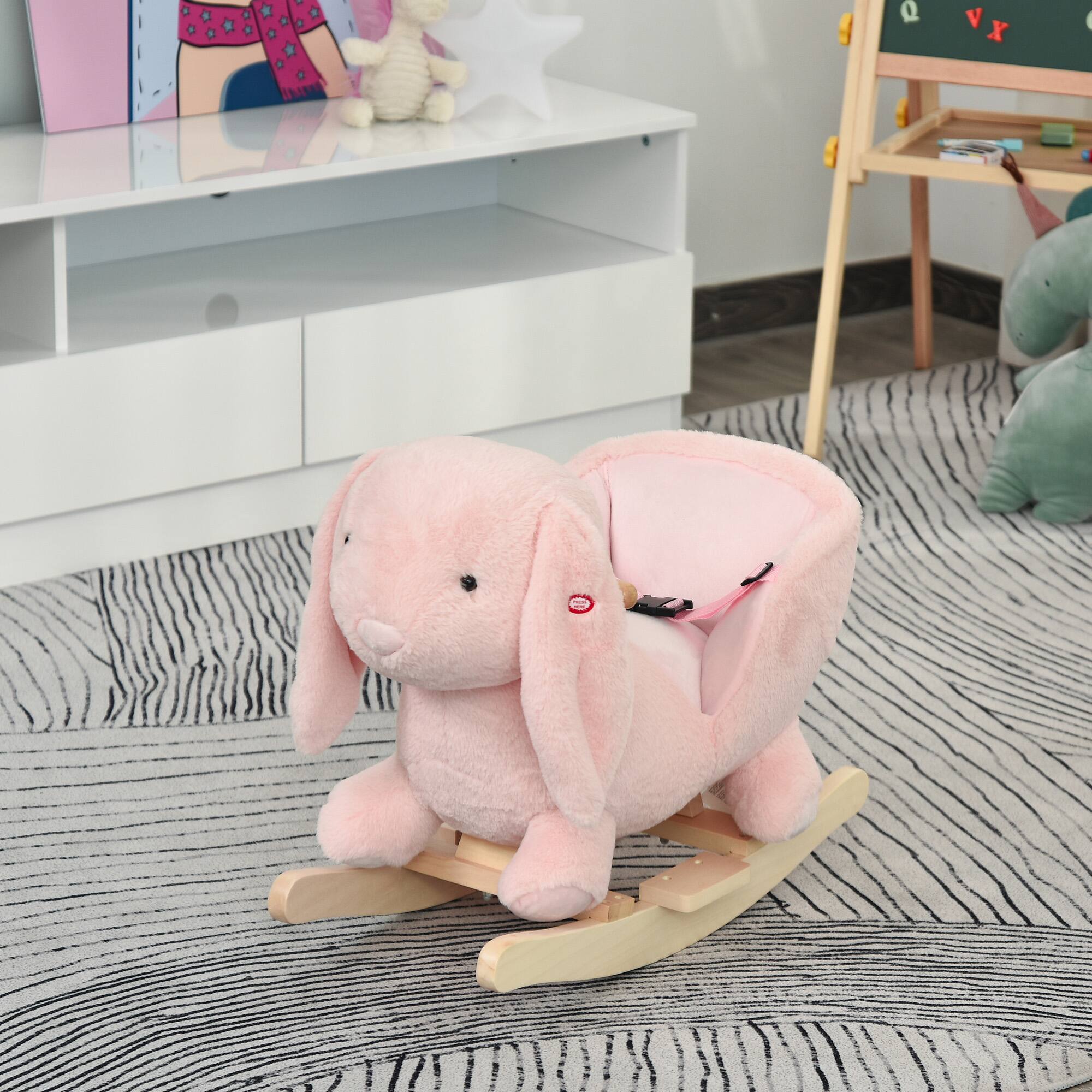 Alt View 7. Glintex - Plush Rabbit Rocking Horse for Kids with Sounds, Safety Belt, and Soft Seat - Pink.