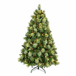 RYHNUYNE - 5FT Pre-Lit Artificial Christmas Tree With 290 Warm White LED Lights and 647 Tips, 43 Pine Cones and Iron Base - Green