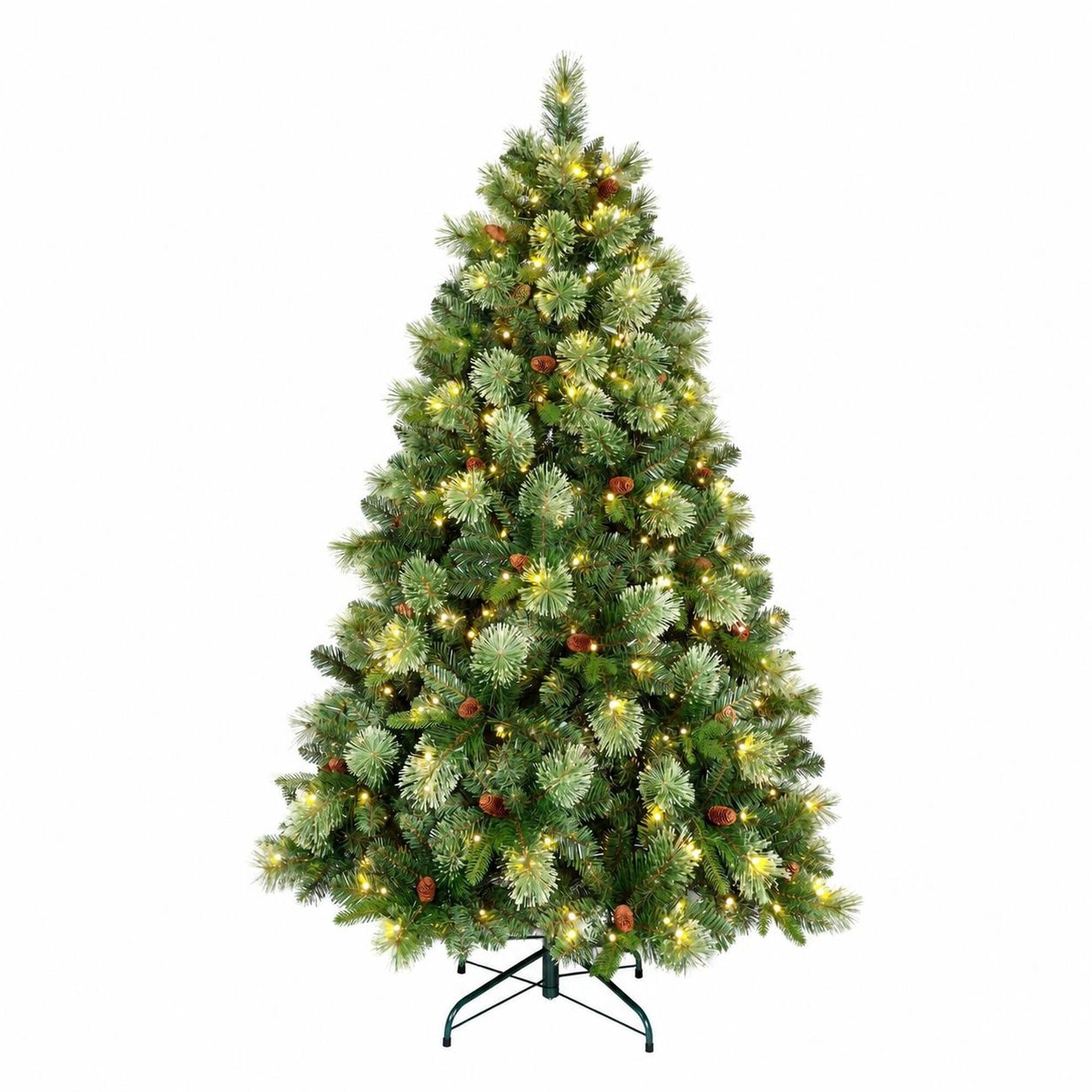 Front. RYHNUYNE - 5FT Pre-Lit Artificial Christmas Tree With 290 Warm White LED Lights and 647 Tips, 43 Pine Cones and Iron Base - Green.
