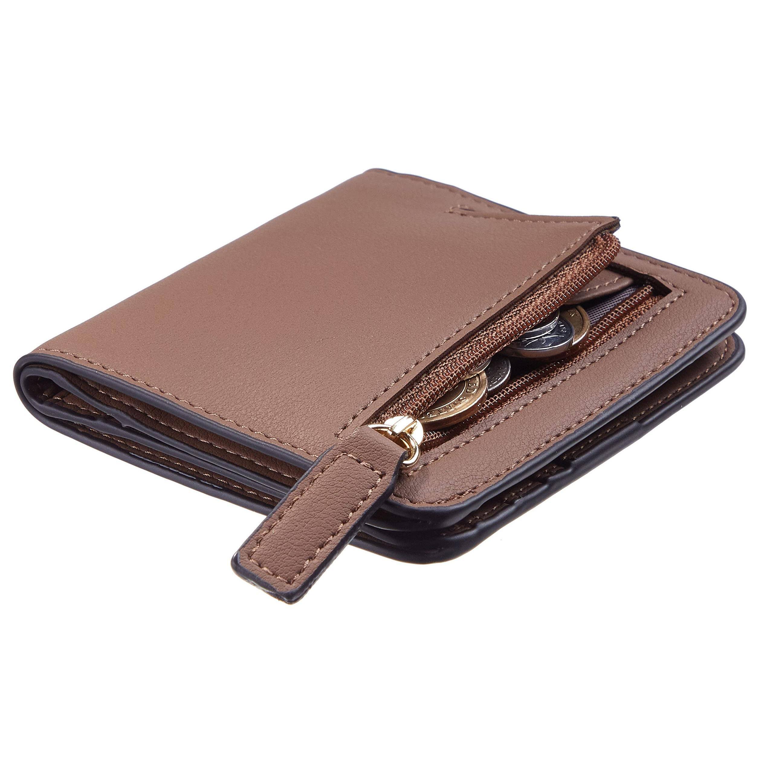 Front. Jadie Link - Wallet Women Rfid Blocking Small Compact Bifold Luxury Leather Pocket Ladies Mini Purse Window Compact Lightweight - Chocolate.