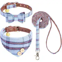 Paradigms Interiors - Dog Collar And Leash Set With Bowtie Bells - Puppy For Boy Or Girl Classic Plaid Matching Pattern Soft - Blue-Small(Neck Girth 9"-11")
