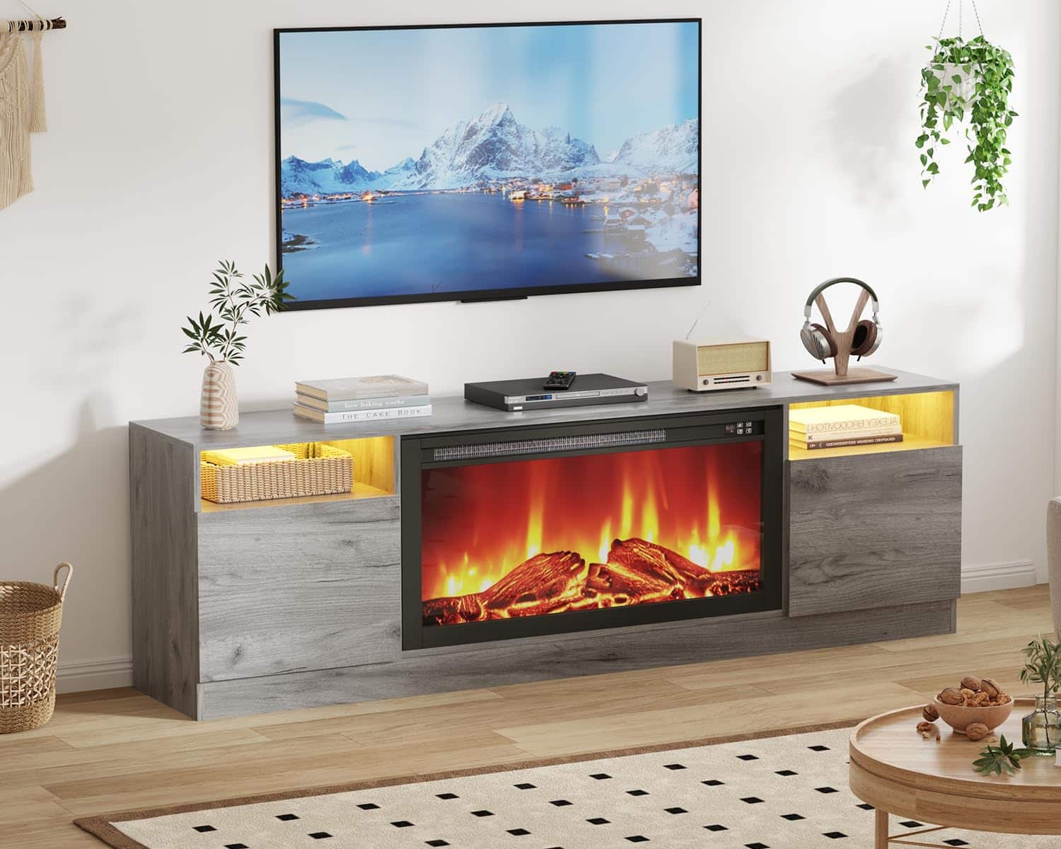 Acekool - 70" TV Stand for 75" TVs, Modern Wooden Console with Storage Cabinets, Fits 36" Electric Fireplace - Gray