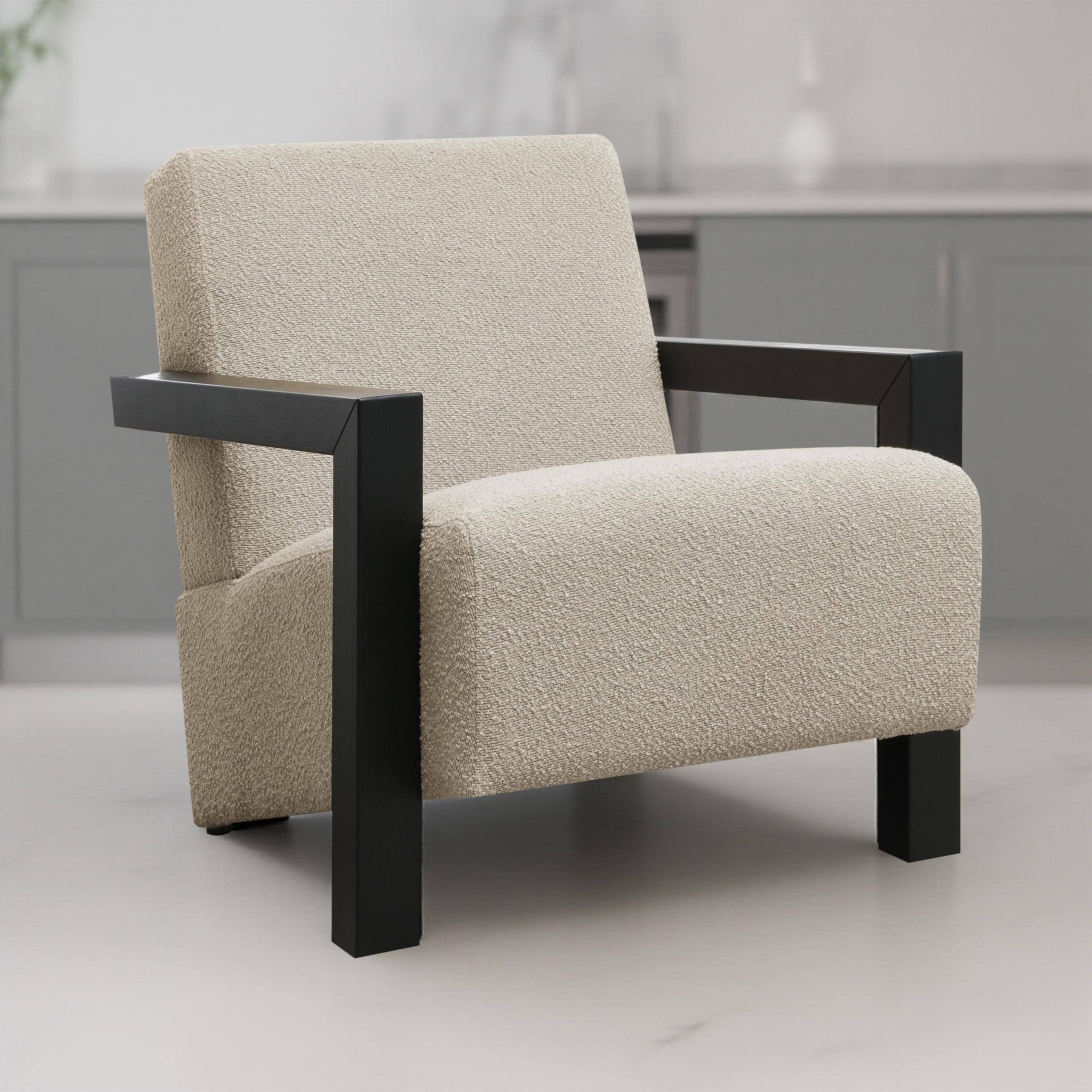 Alt View 2. Manhattan Lane - Fitz Accent Chair, Soft Latte  Boucle Cushions,  Wood Arms - Latte Beige, Black.