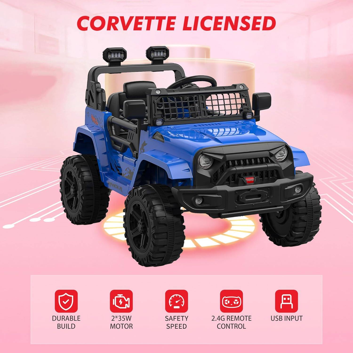 CORVETTE LICENSED

- DURABLE BUILD
- 2*35W MOTOR
- SAFETY SPEED
- 2.4G REMOTE CONTROL
- USB INPUT