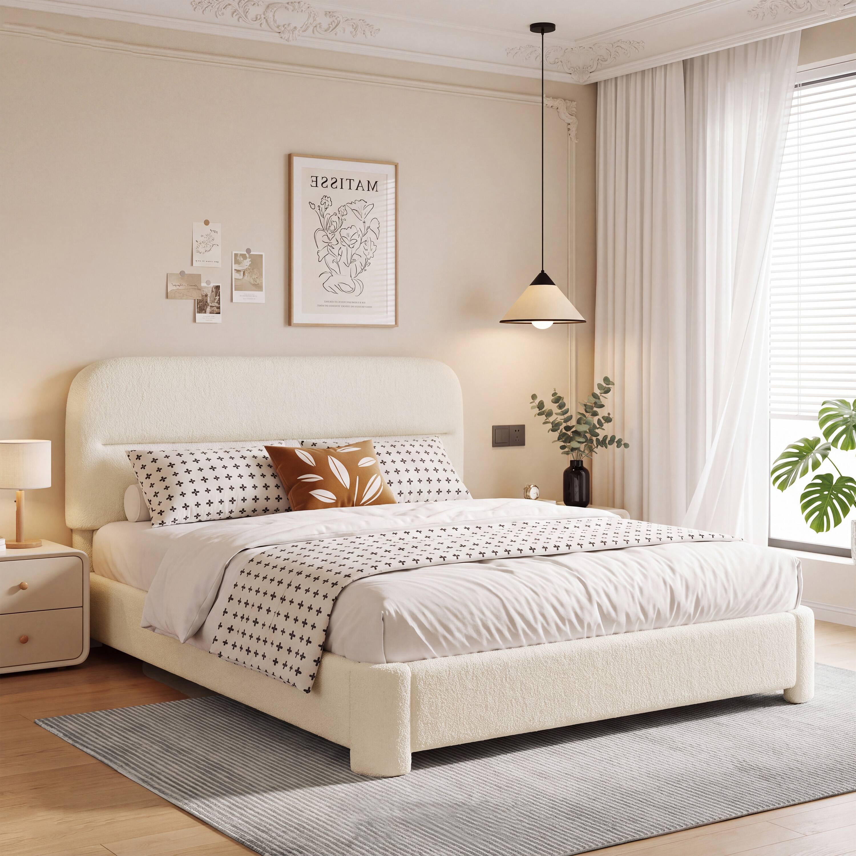 Angle. Vipbear - F/Q/K Upholstered Platform Bed Frame | Height Adjustable Headboard, No Box Spring Needed, Works with 8–14" Mattresses - Beige.