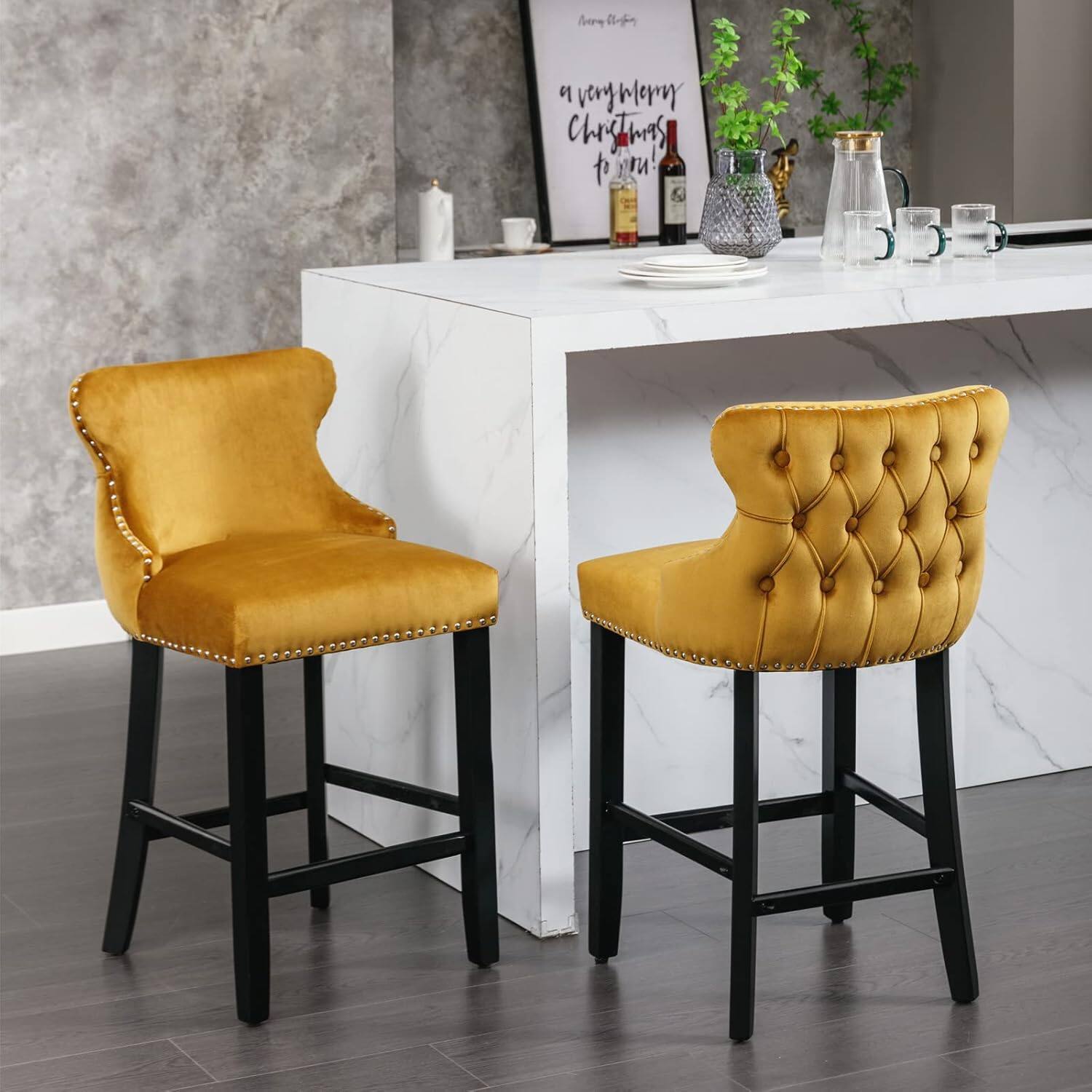 Trinkets Crazed - Contemporary Velvet Upholstered Wing-Back Barstools with Button Tufted Decoration and Wooden Legs - Gold