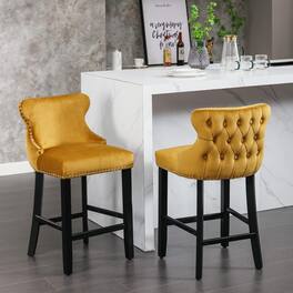 Trinkets Crazed - Contemporary Velvet Upholstered Wing-Back Barstools with Button Tufted Decoration and Wooden Legs - Gold