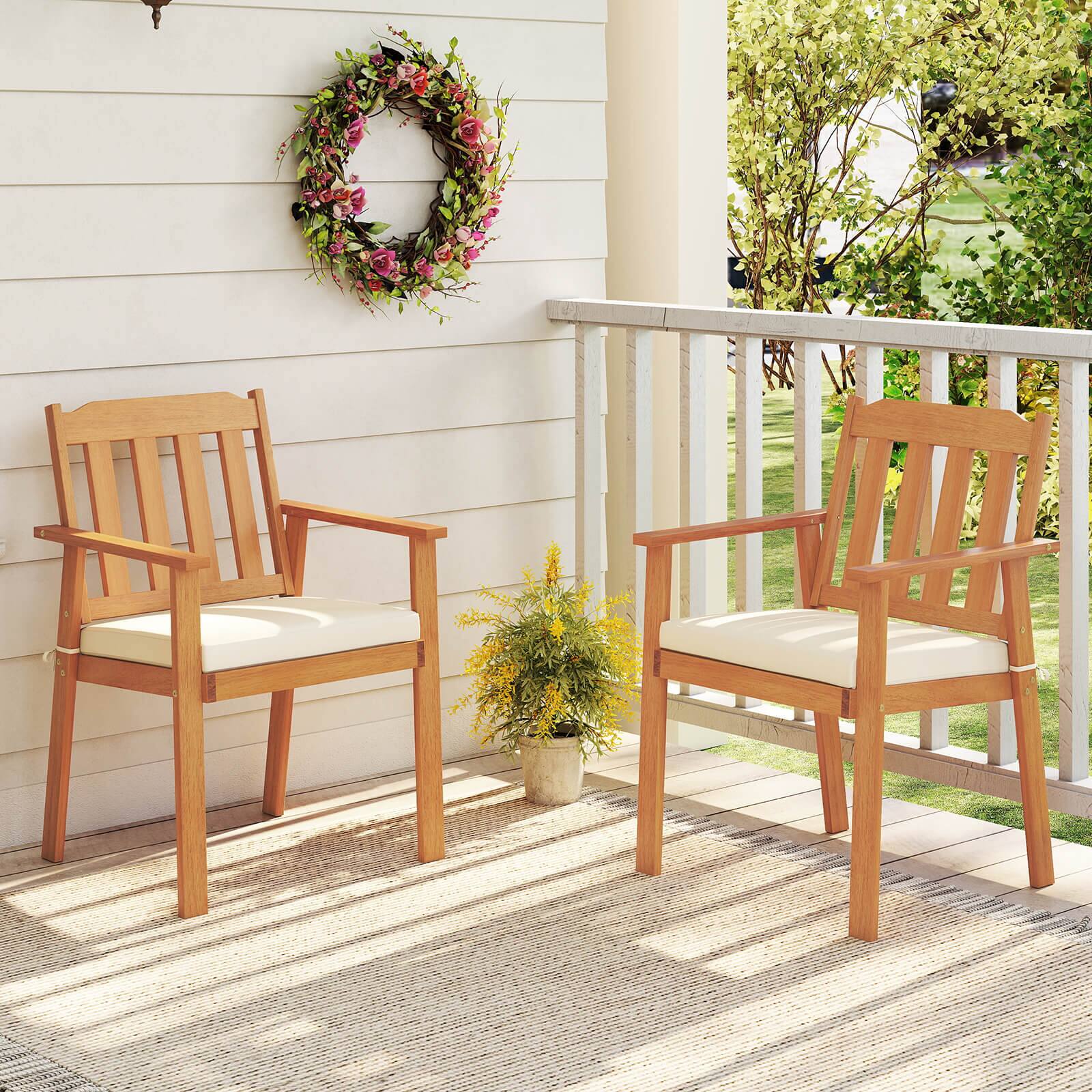 Alt View 1. Costway - Costway 2 PCS Patio Dining Chairs with  Removable Padded Cushion, Armrests Slatted Backrest - Natural,White.