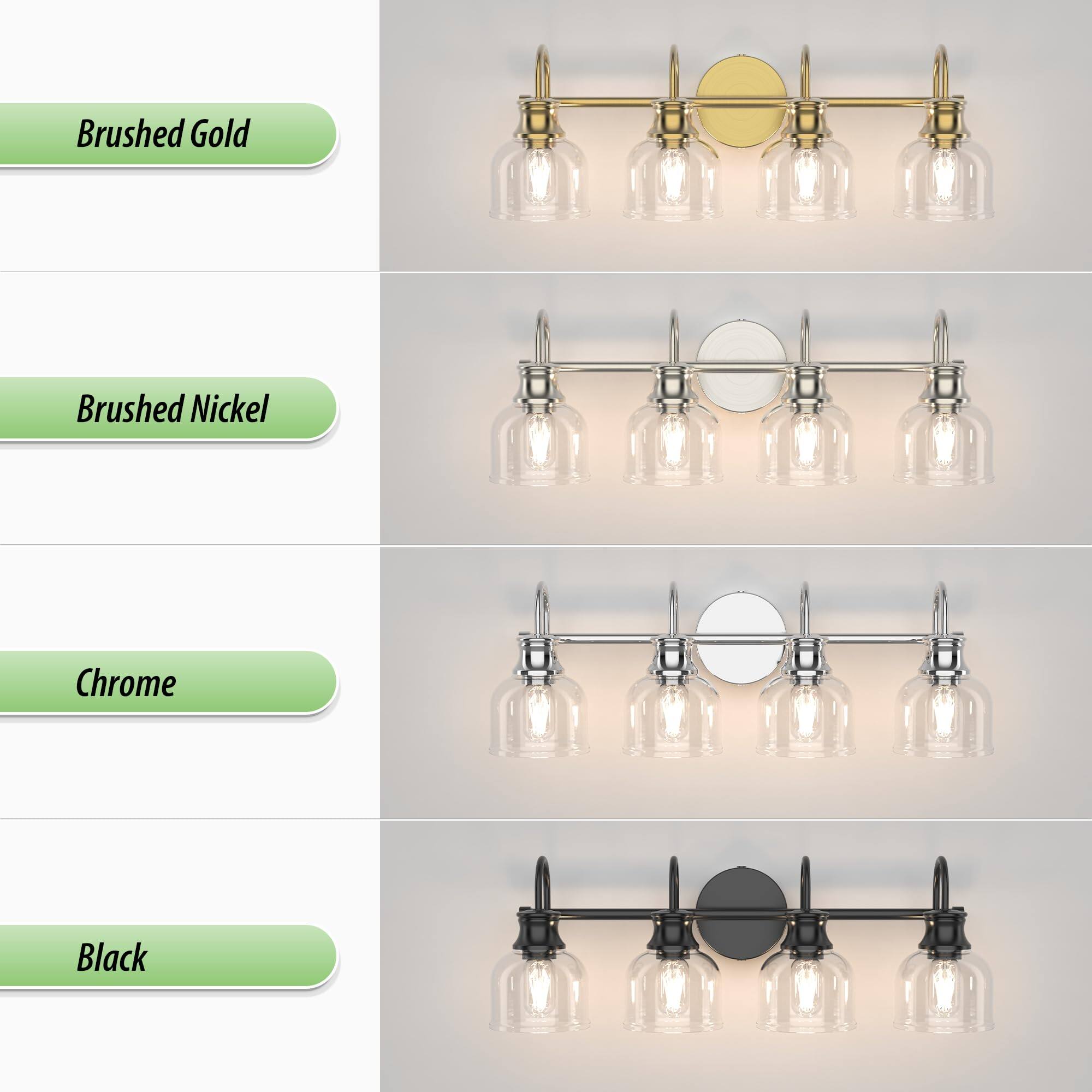 Brushed Gold  
Brushed Nickel  
Chrome  
Black