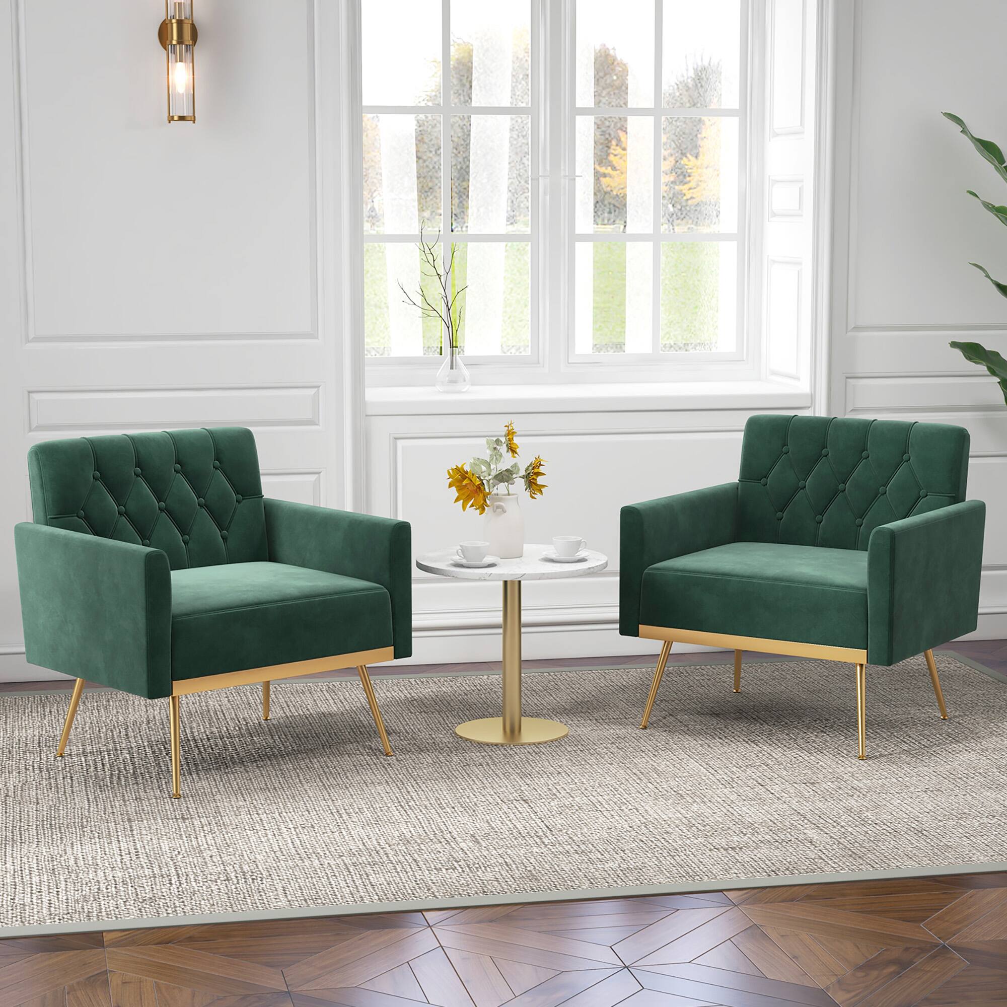 Alt View 1. Gymax - Gymax 2PCS Modern Velvet Accent Chair w/ Button Tufted Back Golden Metal Legs Dark Green - Dark Green.