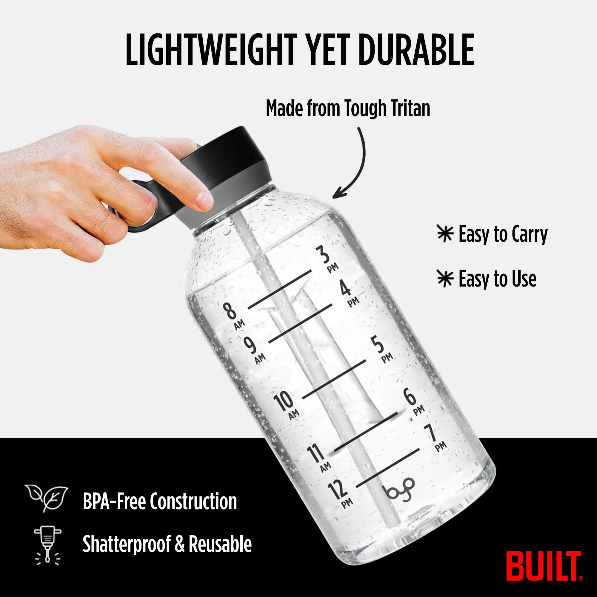 LIGHTWEIGHT YET DURABLE  
Made from Tough Tritan  

* Easy to Carry  
* Easy to Use  

BPA-Free Construction  
Shatterproof & Reusable  

8 AM 9 AM 3 PM 4 PM 5 PM  
10 AM 11 AM 12 PM 6 PM 7 PM  

by BUILT