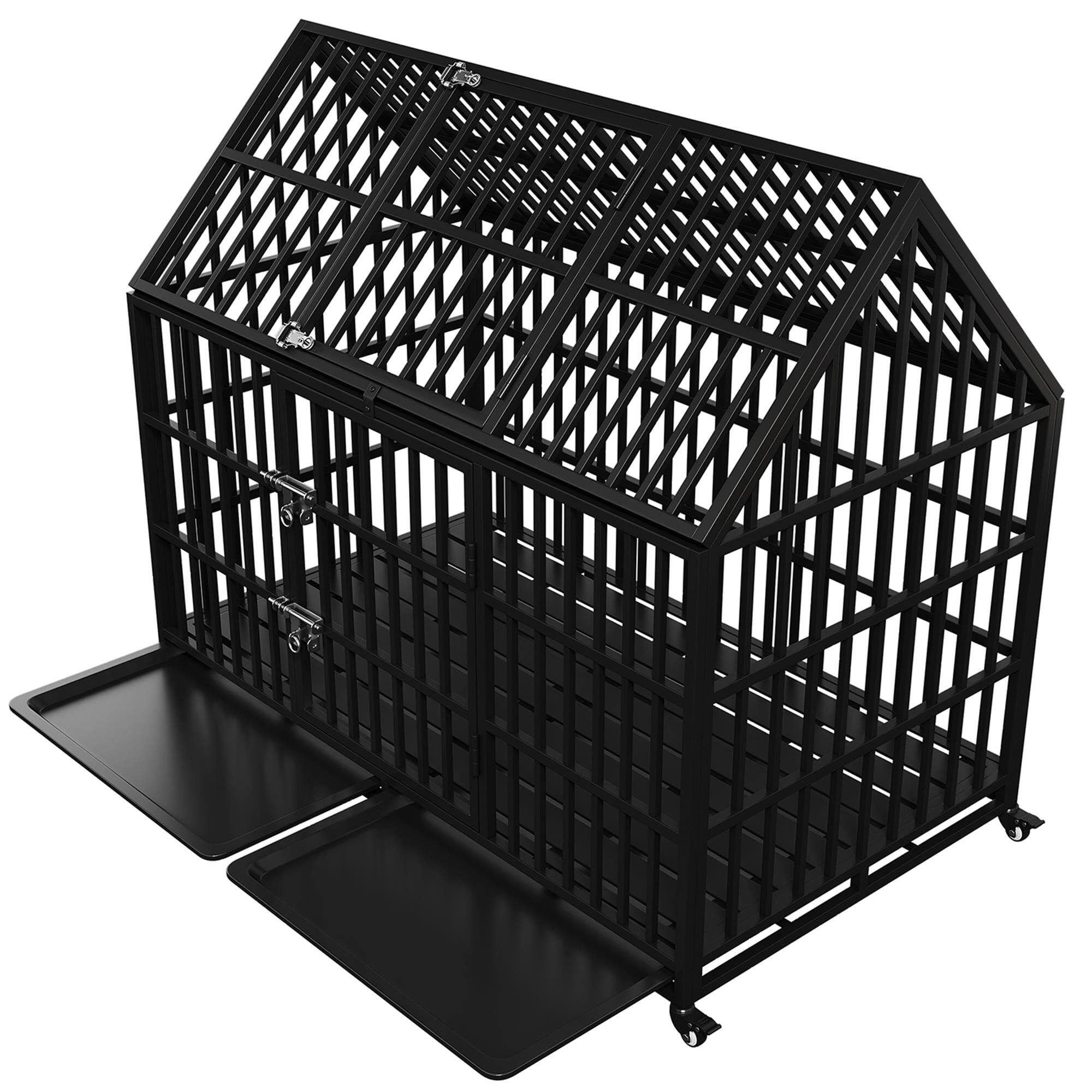 Angle. Pefilos - 54" Heavy Duty Metal Dog Crate with 4 Universal Wheels, Dog Kennel Openable Pointed Top and Front Door.