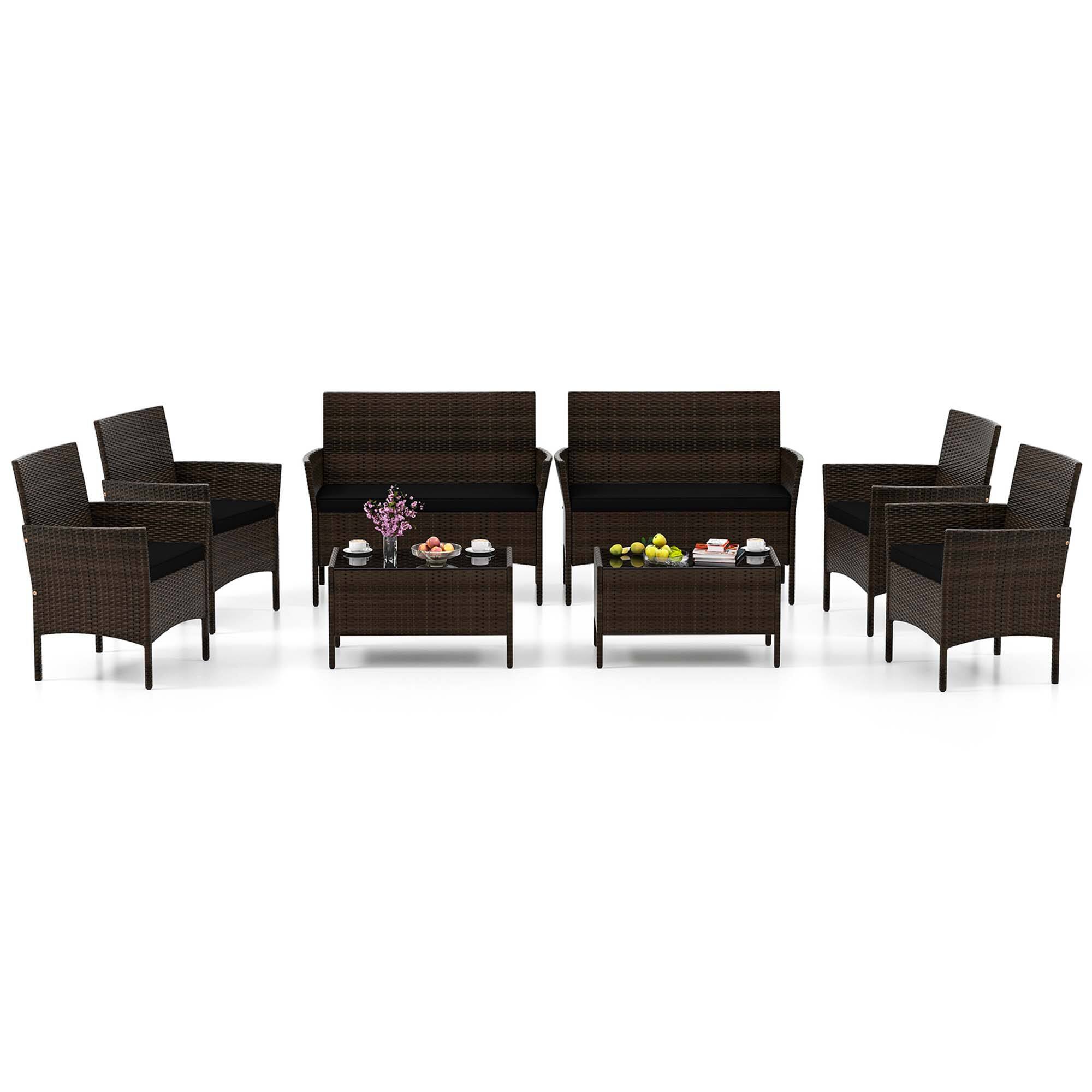 Alt View 2. Costway - 8 PCS Patio Furniture Set with Washable Cushions and Tempered Glass Coffee Table - Black + Mix Brown.