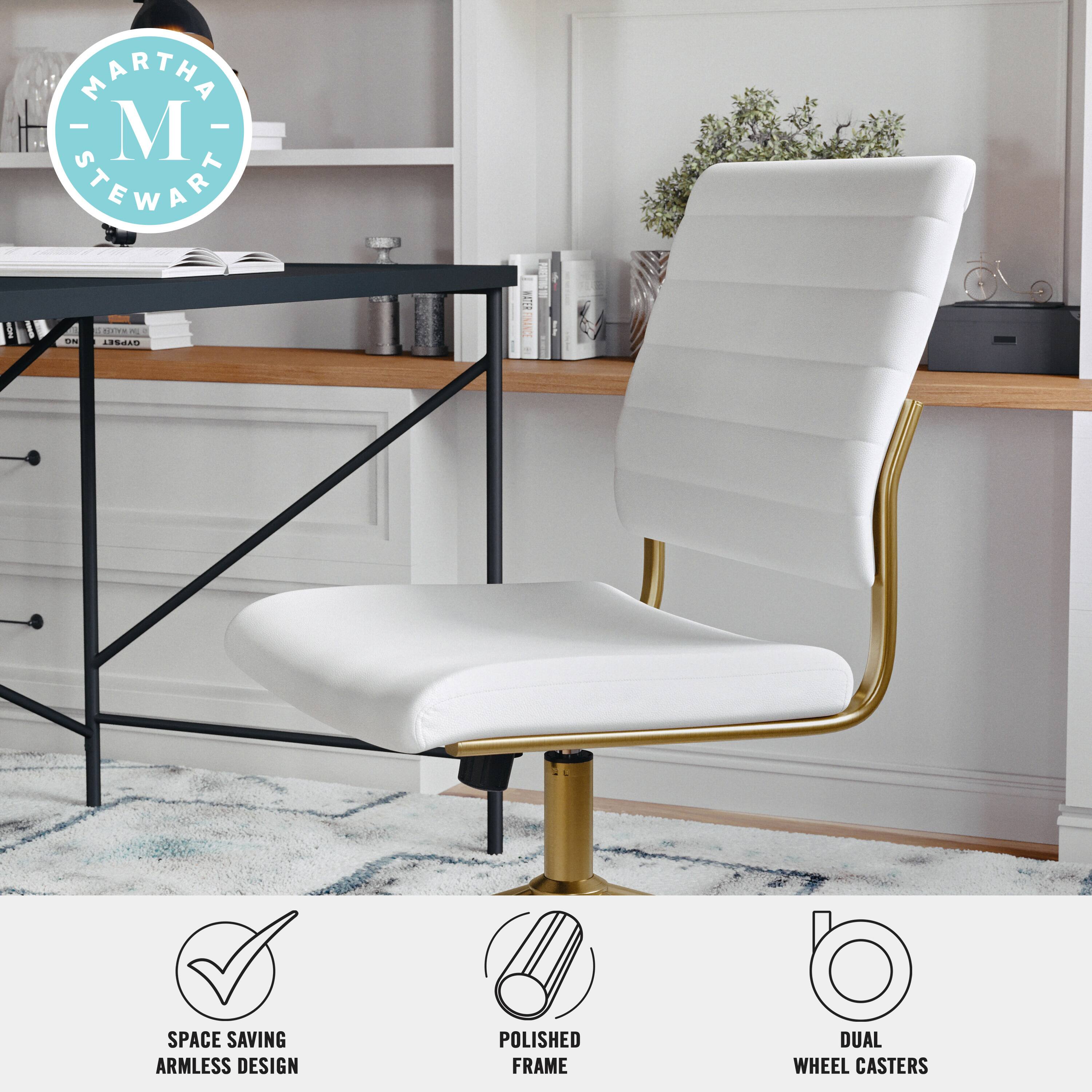 Martha Stewart is the brand behind this space-saving armless design chair. It features a polished frame and dual wheel casters, making it a practical and stylish addition to any room.